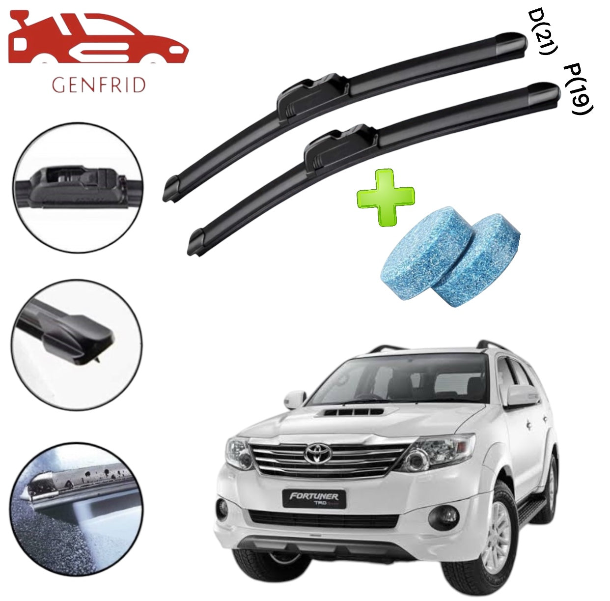 Genfrid Flat Rubber Frameless Car Wiper For Toyota Fortuner (Right-21, Left–19)(Pack Of 2)(Free Washer Tablet)