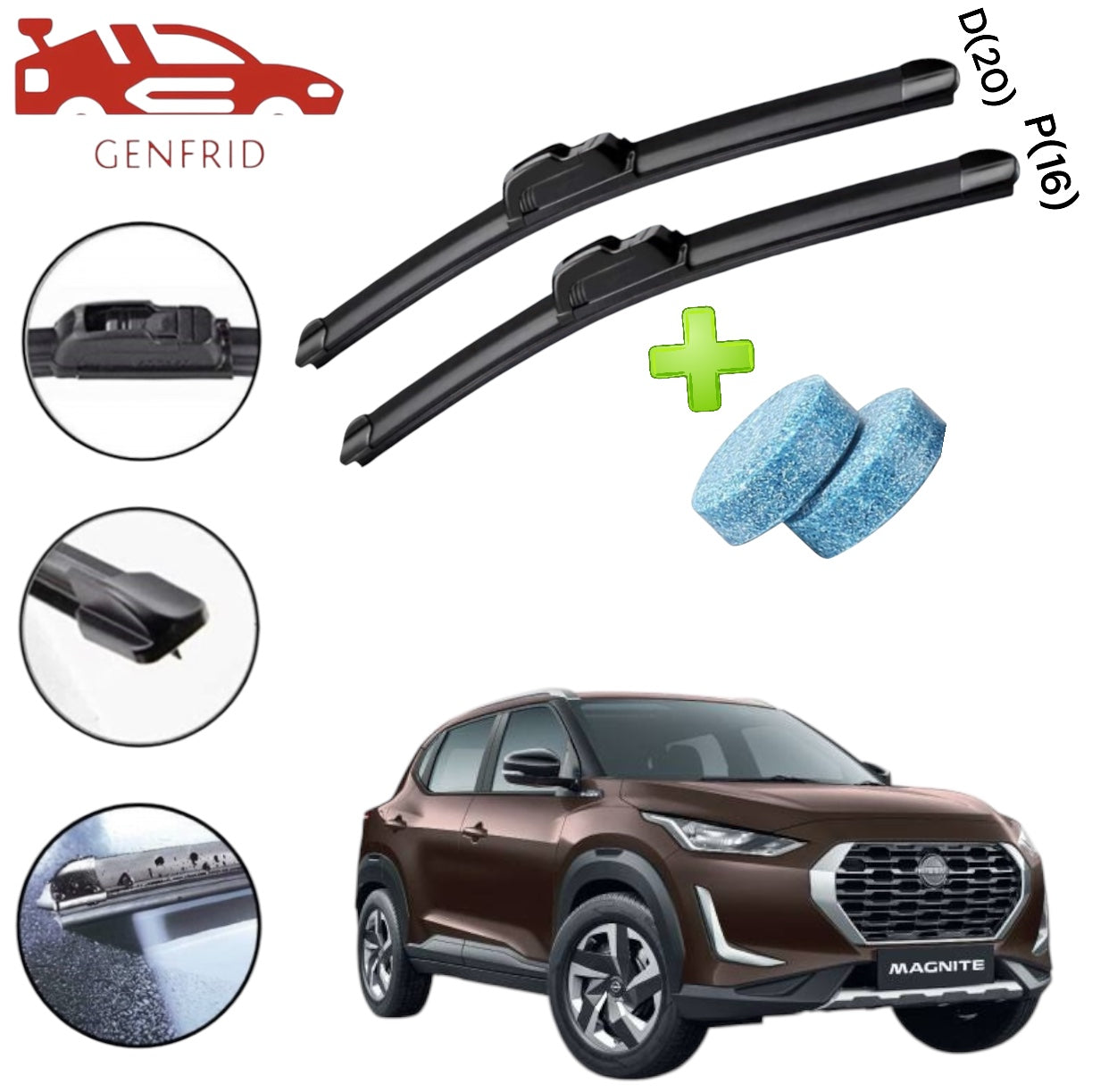 Genfrid Flat Rubber Frameless Car Wiper For Nissan Magnite (Right-20, Left–16)(Pack Of 2)(Free Washer Tablet)