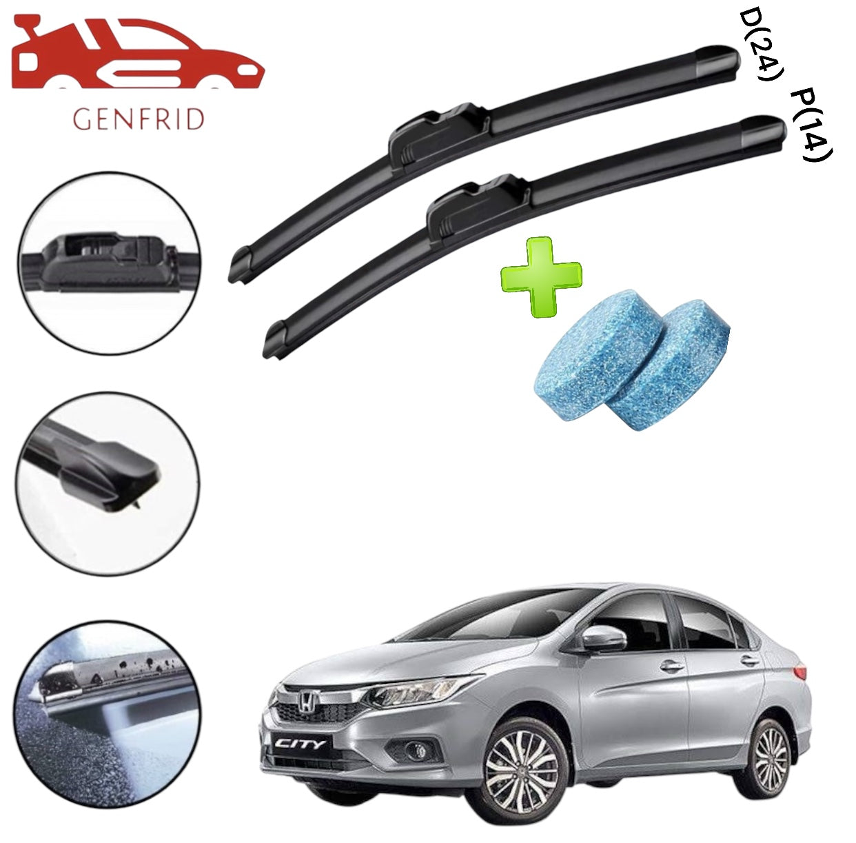 Genfrid Flat Rubber Frameless Car Wiper For Honda City (Right-24, Left–14)(Pack Of 2)(Free Washer Tablet)