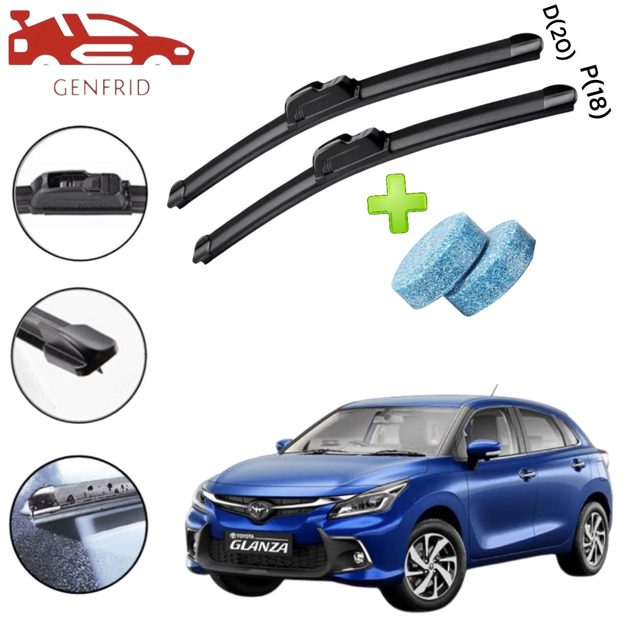 Genfrid Flat Rubber Frameless Car Wiper For Toyota Glanza (Right-20, Left–18)(Pack Of 2)(Free Washer Tablet)