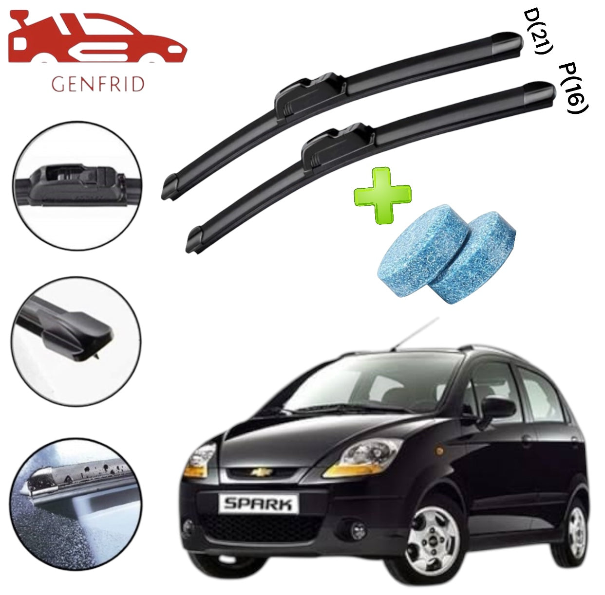 Genfrid Flat Rubber Frameless Car Wiper For Chevrolet Spark (Right-21, Left–16)(Pack Of 2)(Free Washer Tablet)