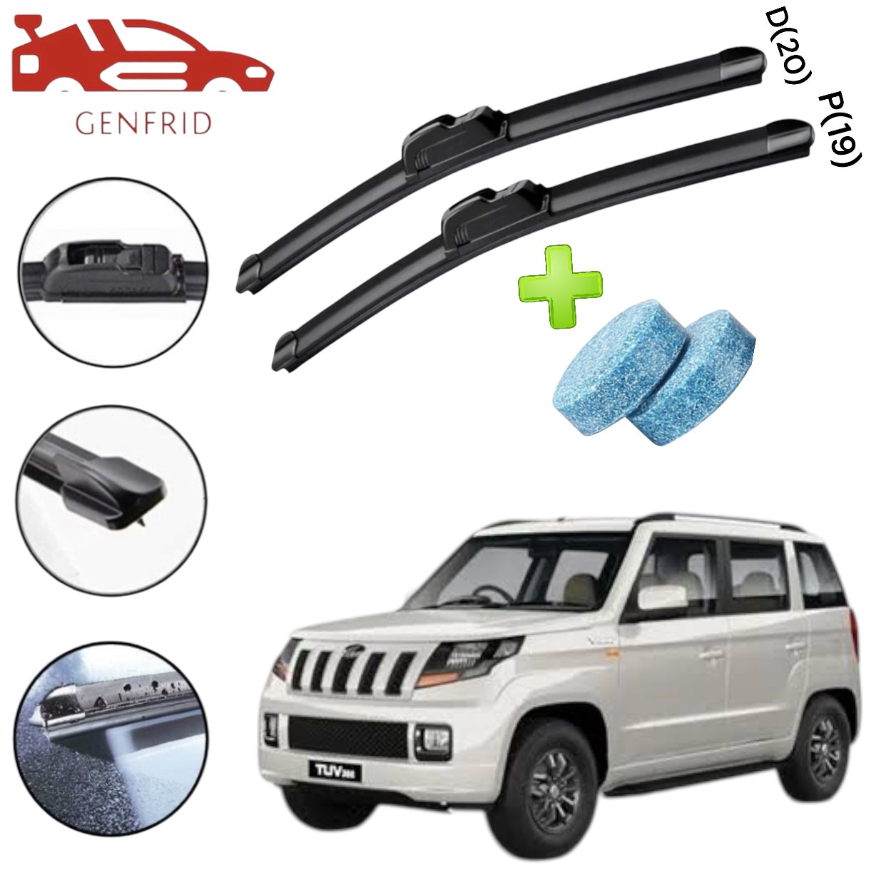 Genfrid Flat Rubber Frameless Car Wiper For Mahindra TUV300 (Right-20, Left–19)(Pack Of 2)(Free Washer Tablet)