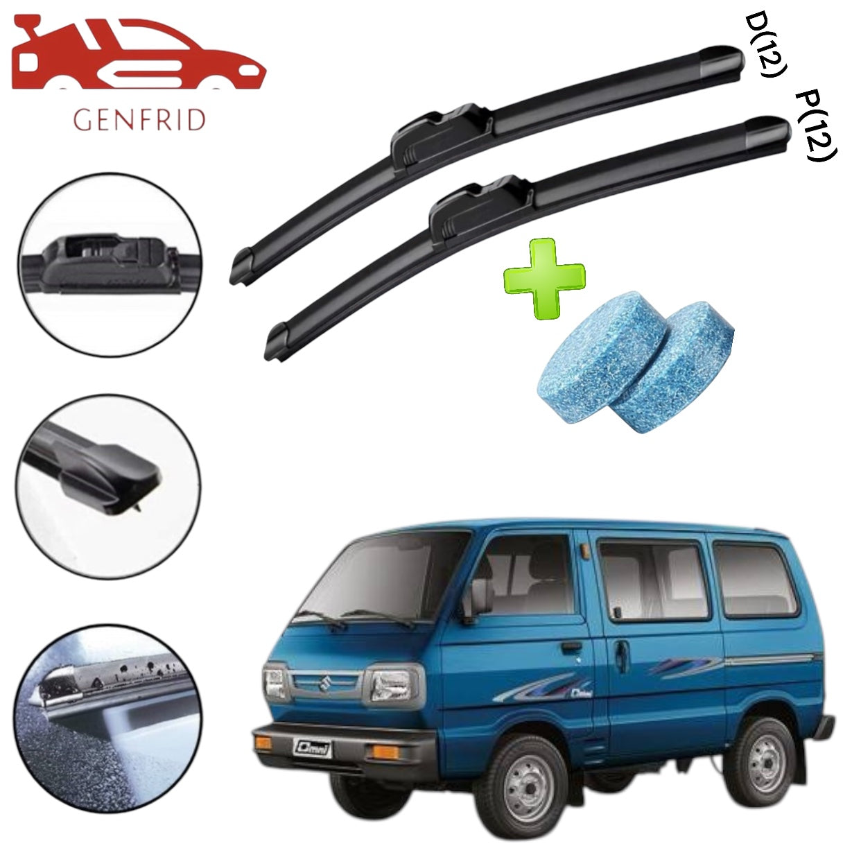 Genfrid Flat Rubber Frameless Car Wiper For Maruti Omni(Van) (Right-12, Left–12)(Pack Of 2)(Free Washer Tablet)