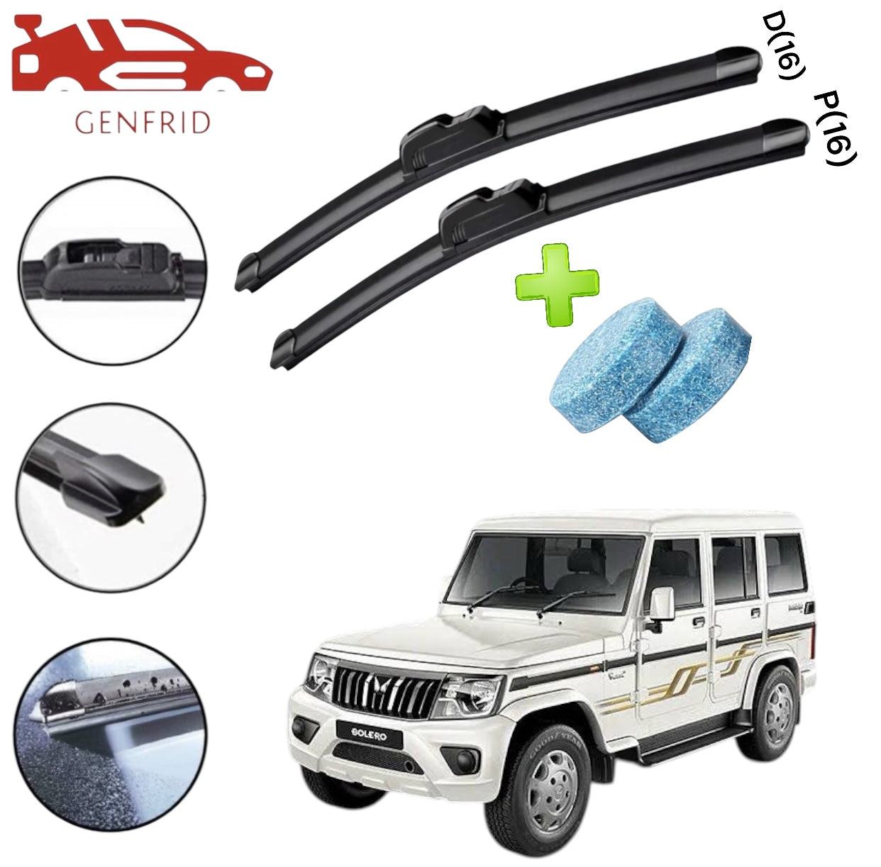 Genfrid Flat Rubber Frameless Car Wiper For Mahindra Bolero (Right-16, Left–16)(Pack Of 2)(Free Washer Tablet)