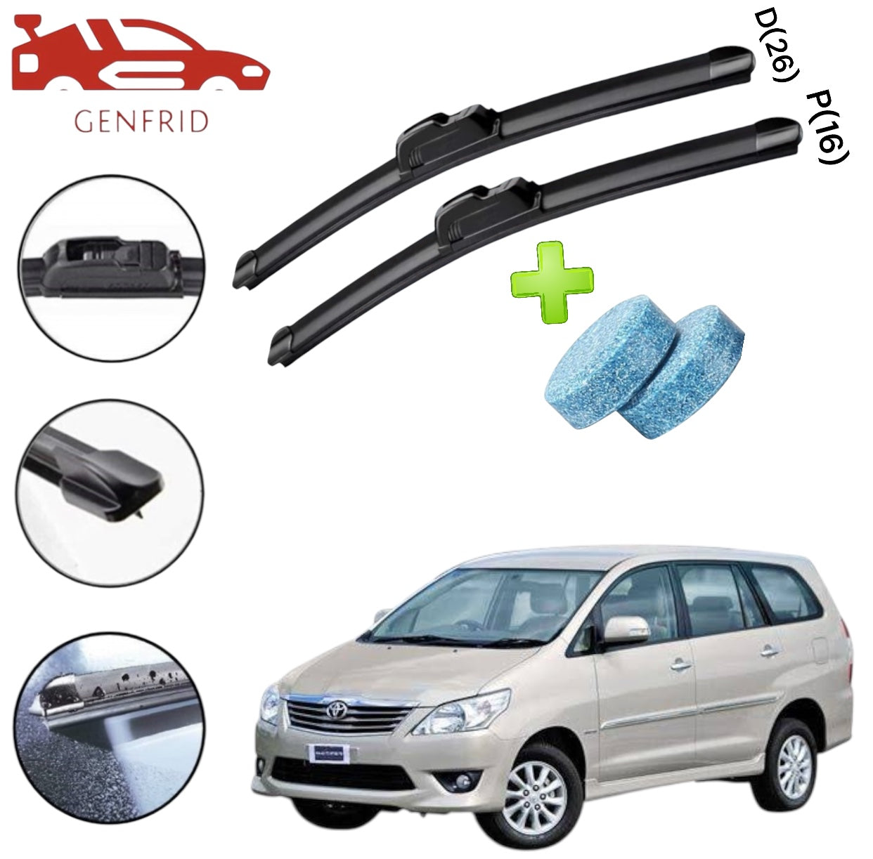 Genfrid Flat Rubber Frameless Car Wiper For Toyota Innova (Right-26, Left–16)(Pack Of 2)(Free Washer Tablet)