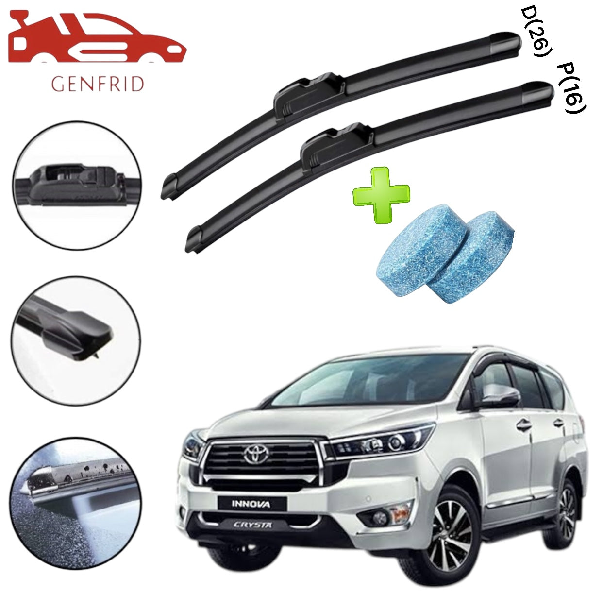 Genfrid Flat Rubber Frameless Car Wiper For Toyota Innova Crysta (Right-26, Left–16)(Pack Of 2)(Free Washer Tablet)