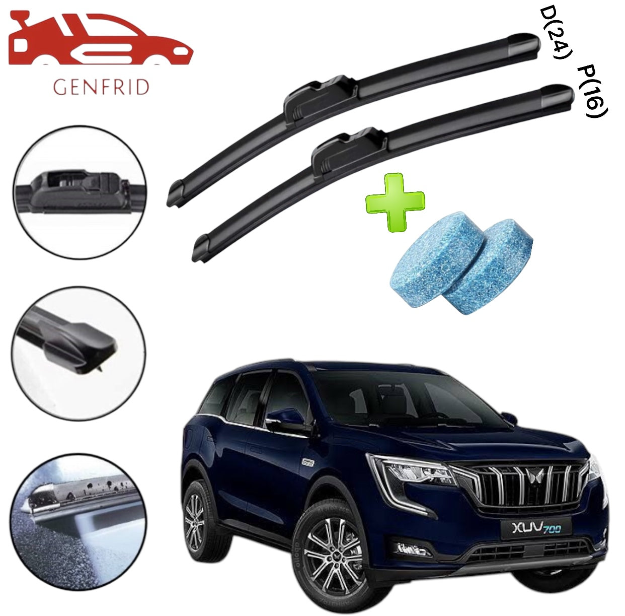 Genfrid Flat Rubber Frameless Car Wiper For Mahindra XUV700 (Right-24, Left–16)(Pack Of 2)(Free Washer Tablet)