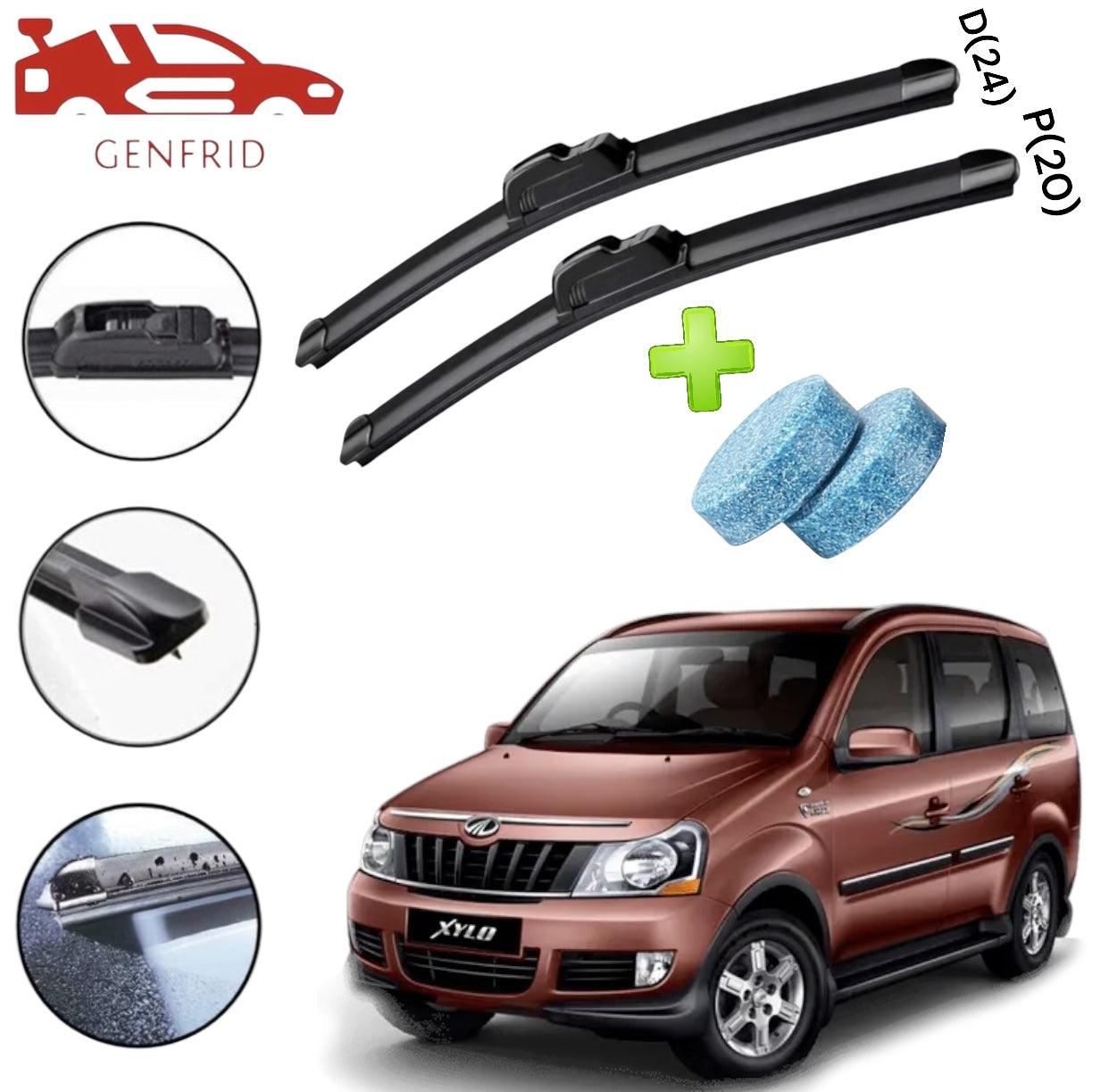 Genfrid Flat Rubber Frameless Car Wiper For Mahindra Xylo (Right-24, Left–20)(Pack Of 2)(Free Washer Tablet)