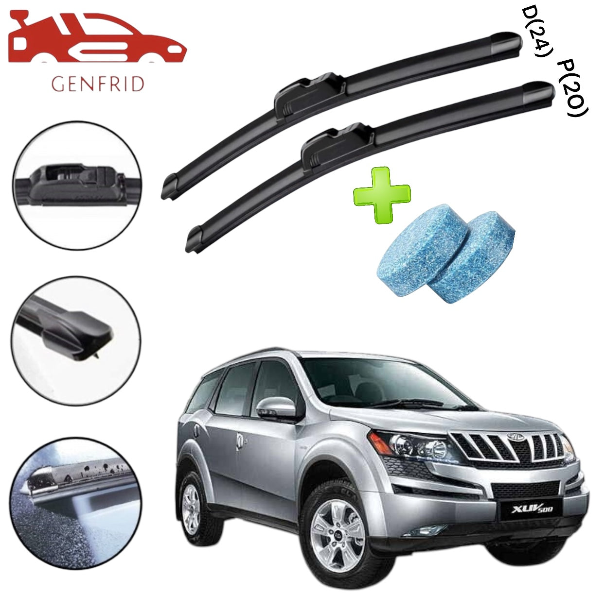 Genfrid Flat Rubber Frameless Car Wiper For Mahindra XUV500 (Right-24, Left–20)(Pack Of 2)(Free Washer Tablet)