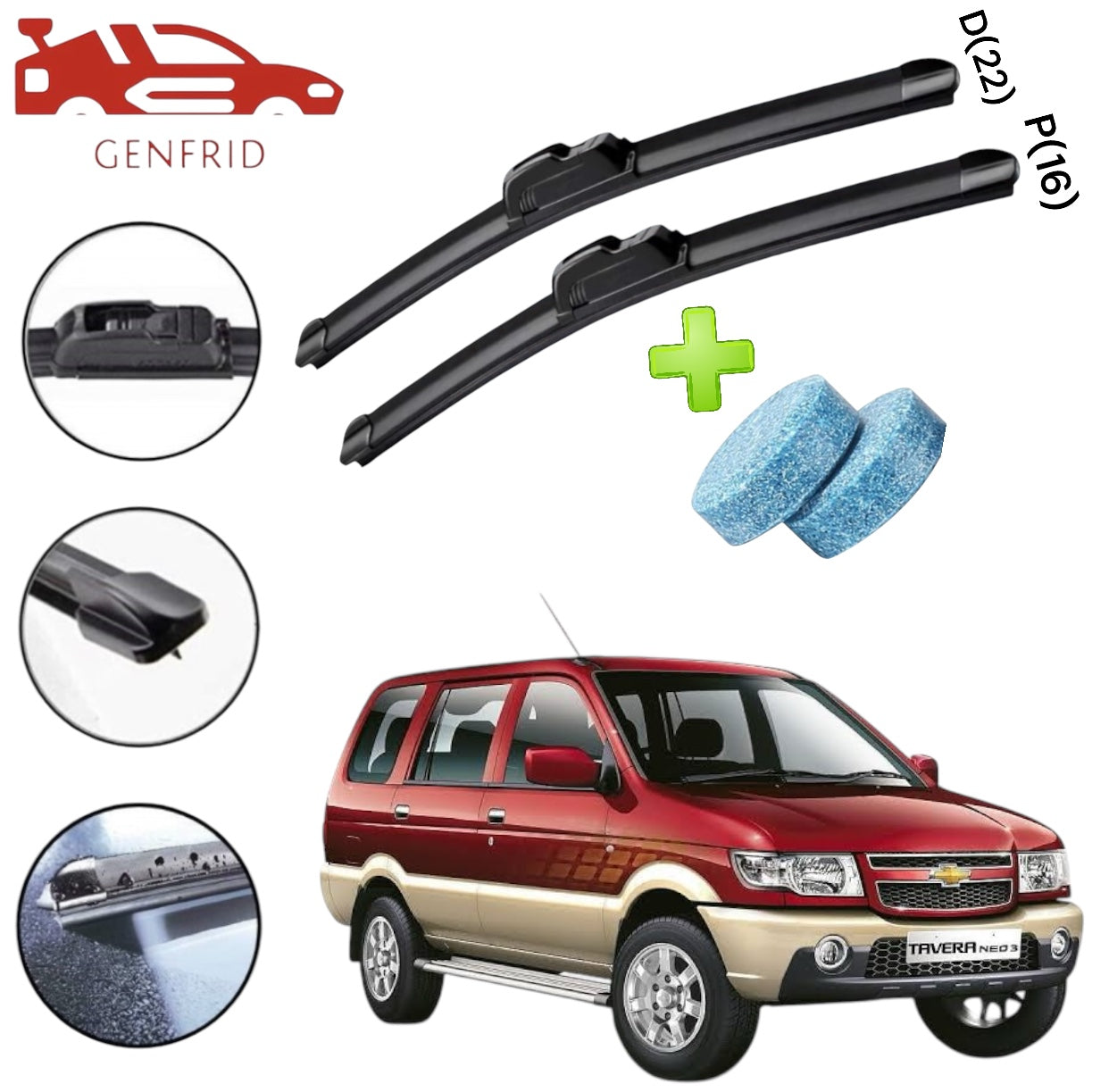 Genfrid Flat Rubber Frameless Car Wiper For Chevrolet Tavera (Right-22, Left–16)(Pack Of 2)(Free Washer Tablet)