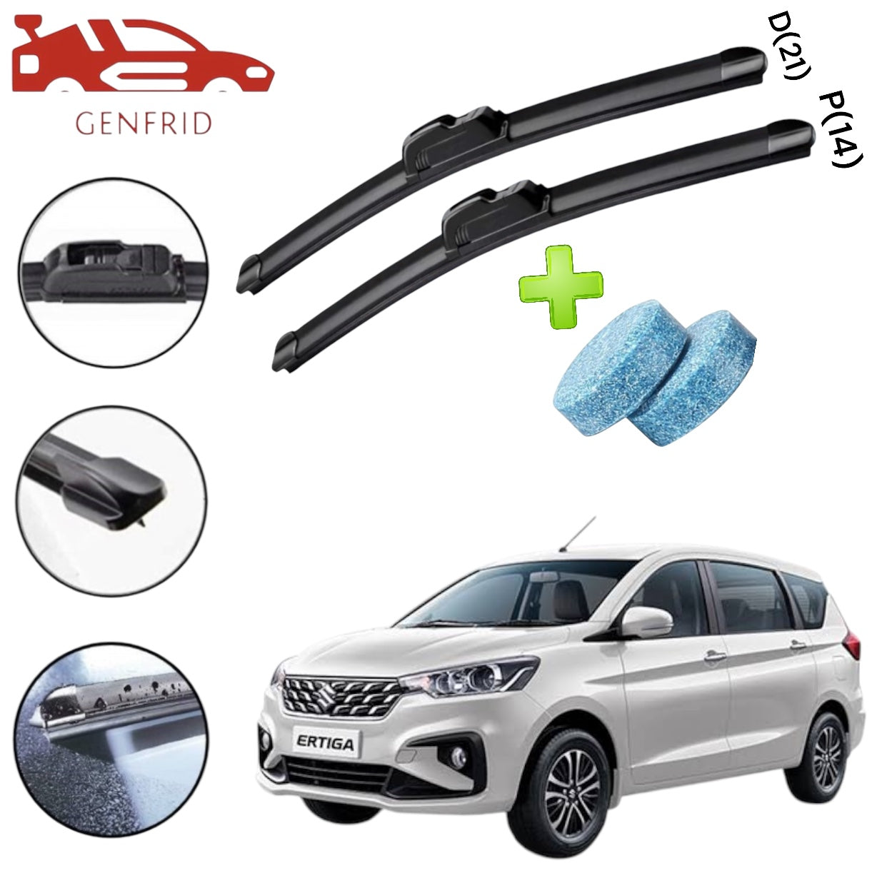 Genfrid Flat Rubber Frameless Car Wiper For Maruti Ertiga 2018 (Right-21, Left–14)(Pack Of 2)(Free Washer Tablet)