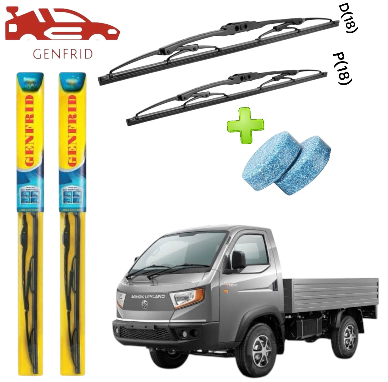 Genfrid Metal Frame Car Wiper For Ashok Leyland Bada Dost (Right-18, Left–18) (Pack Of 2)(Free Washer Tablet)