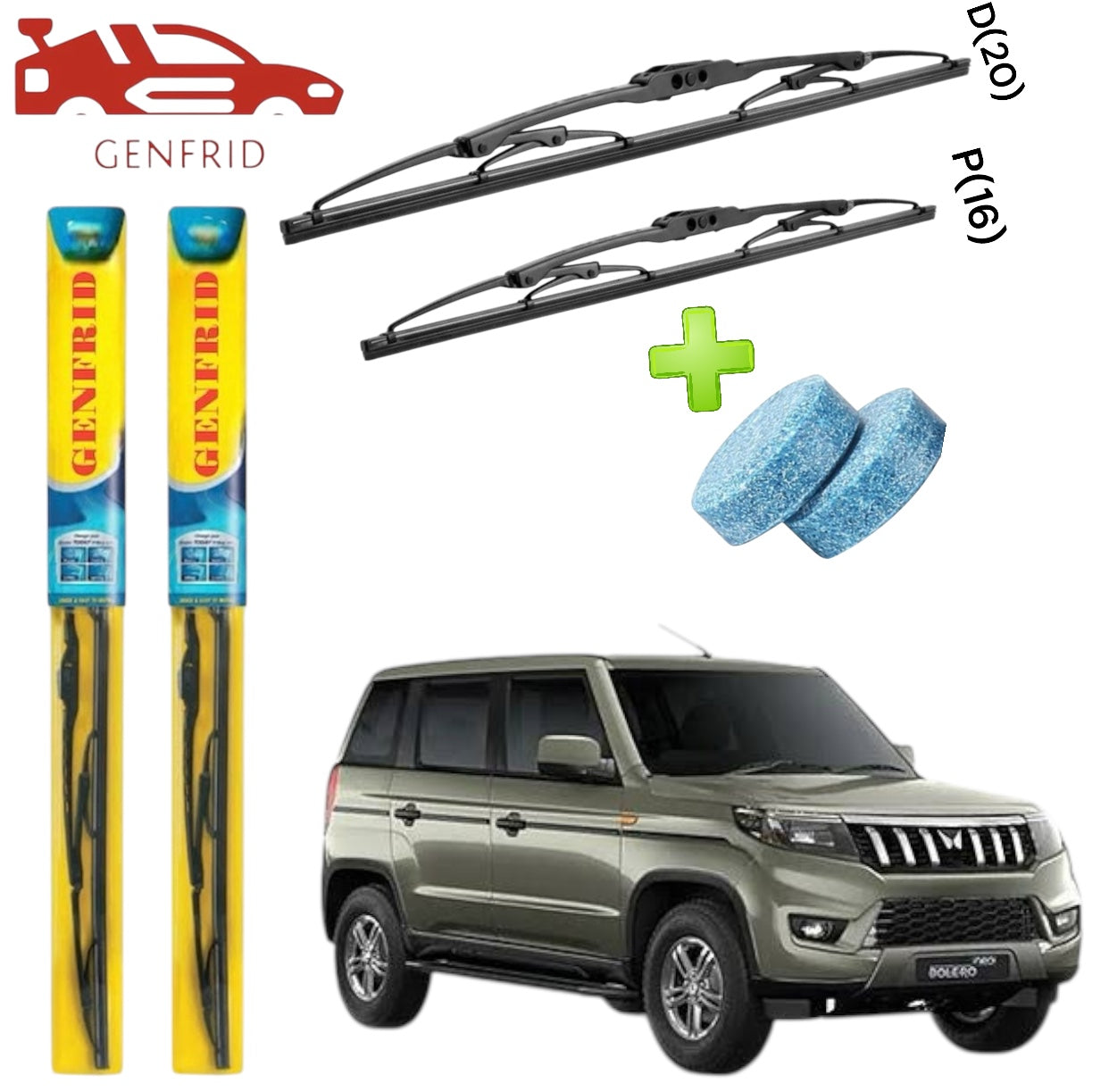 Genfrid Metal Frame Car Wiper For Mahindra Bolero Neo (Right-20, Left–16) (Pack Of 2)(Free Washer Tablet)