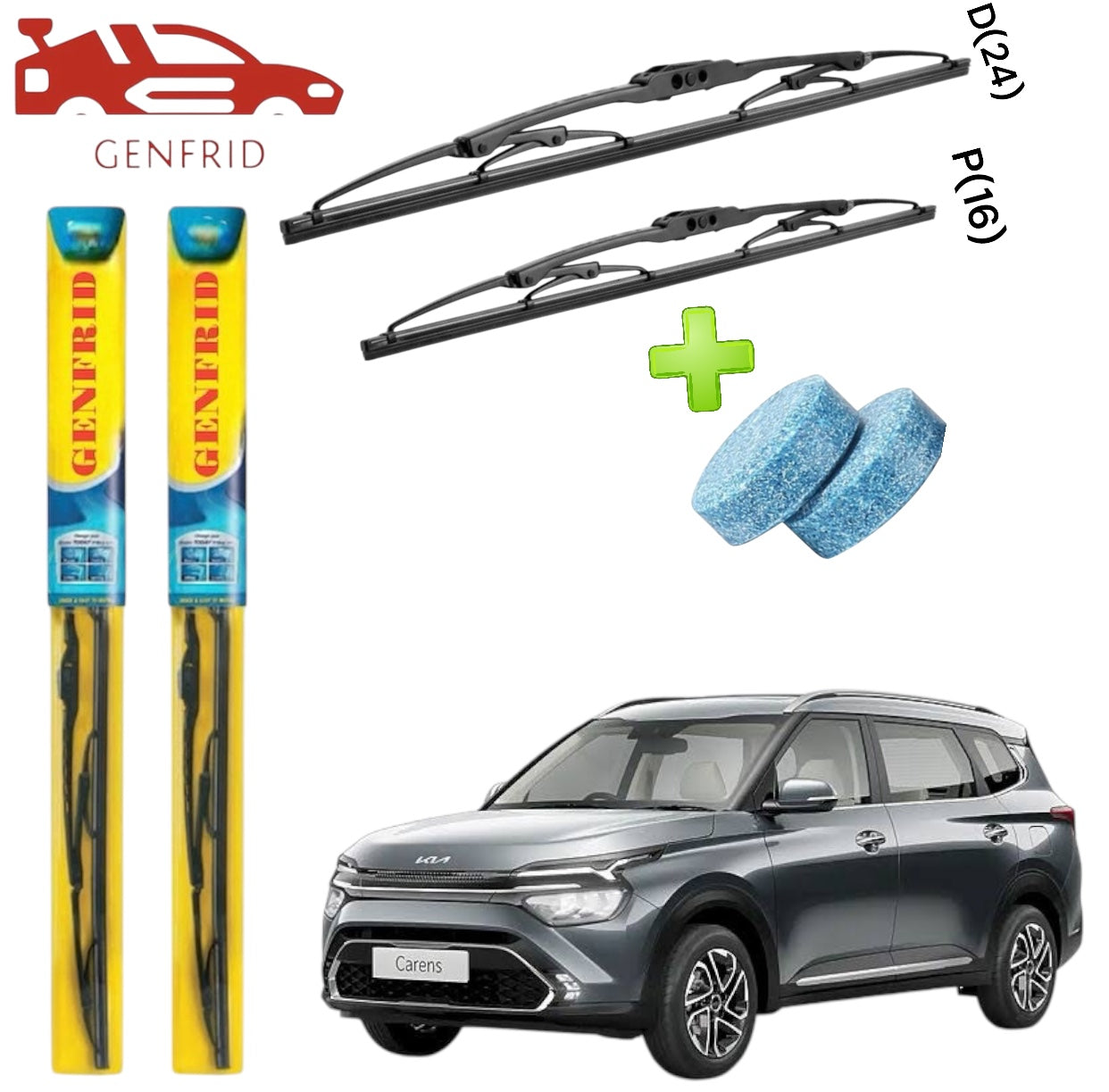 Genfrid Metal Frame Car Wiper For Kia Carens (Right-24, Left–16) (Pack Of 2)(Free Washer Tablet)