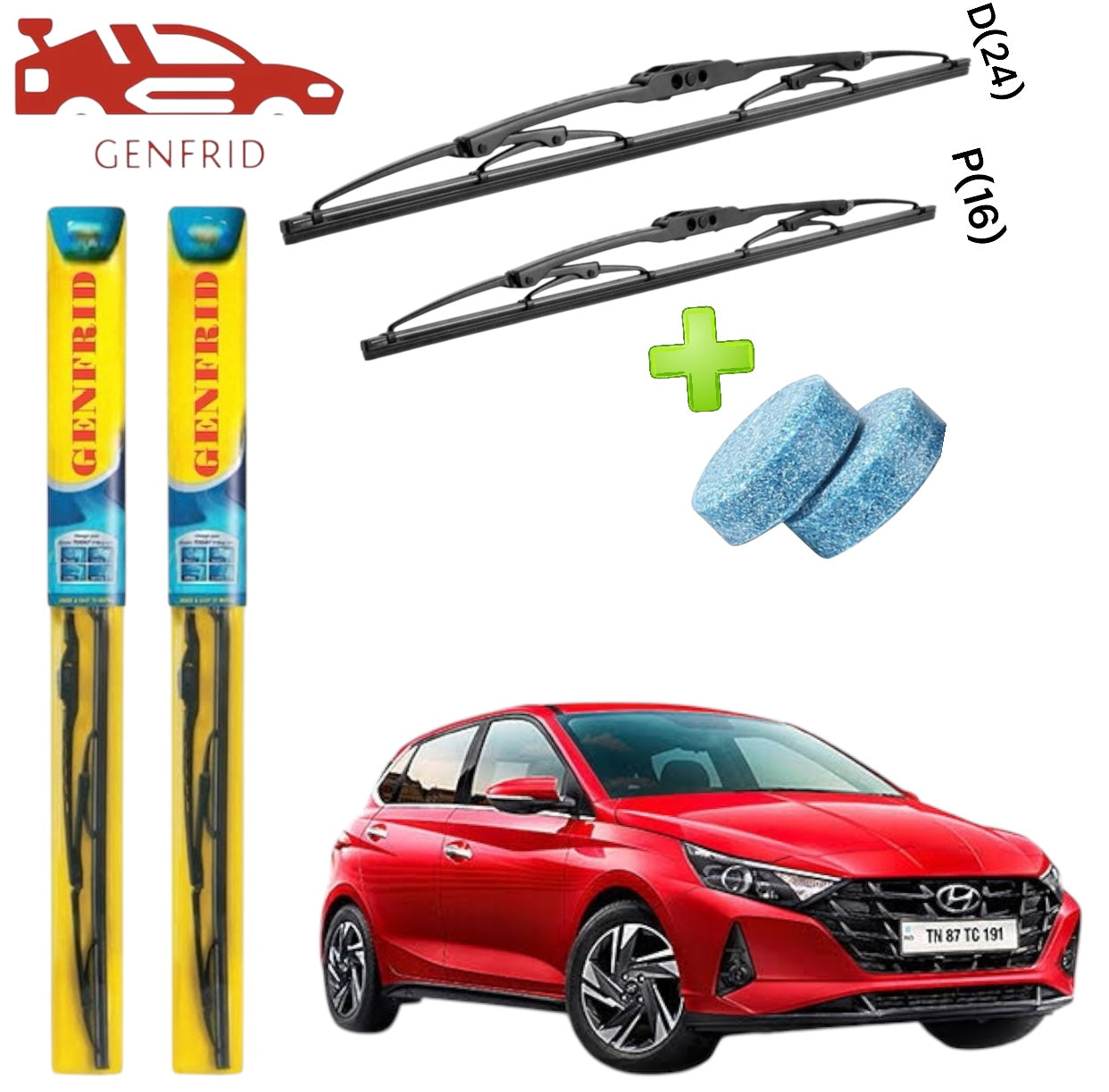 Genfrid Metal Frame Car Wiper For New I20 2020 (Right-24, Left–16) (Pack Of 2)(Free Washer Tablet)
