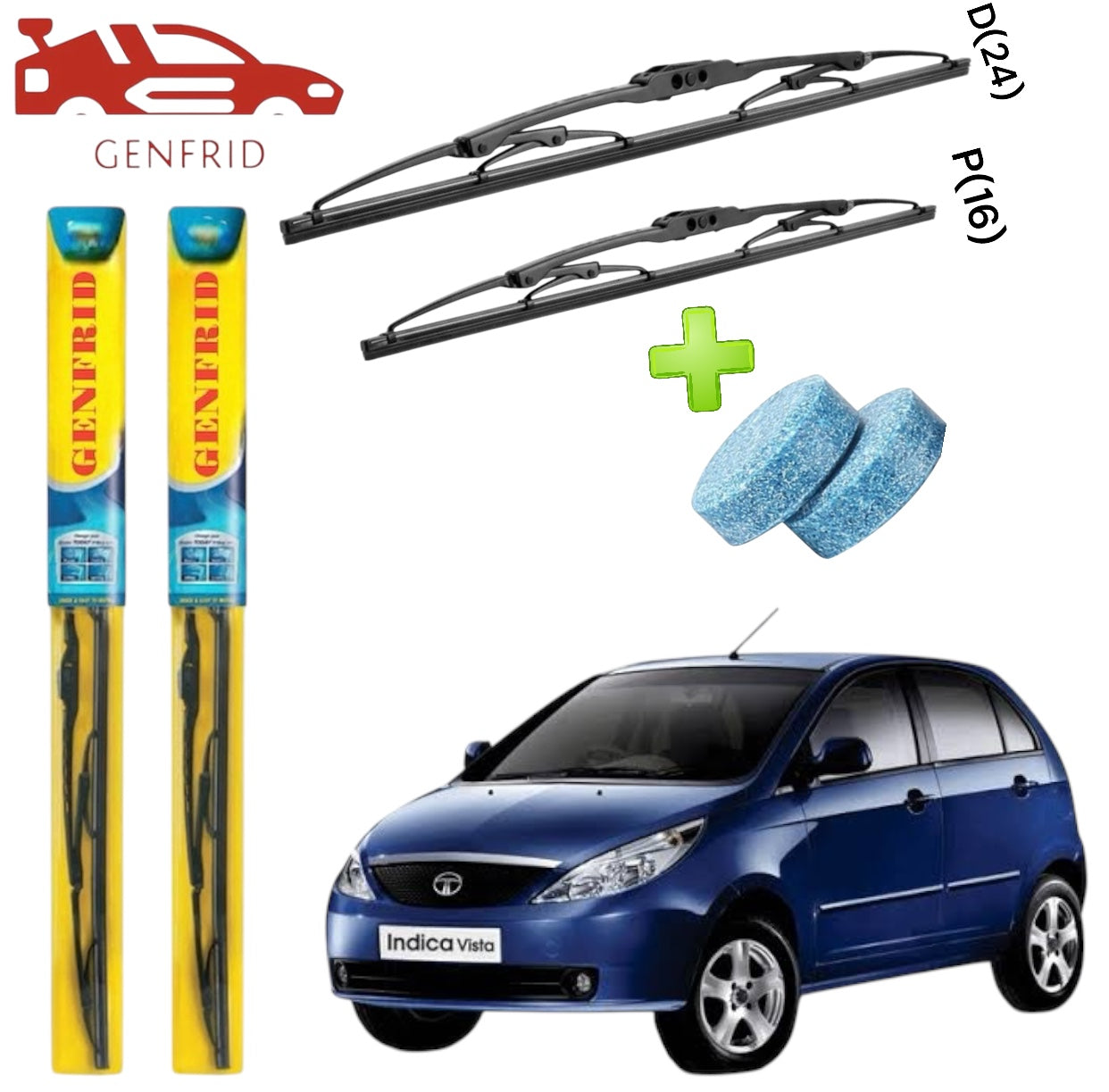 Genfrid Metal Frame Car Wiper For Tata Indica Vista (Right-24, Left–16) (Pack Of 2)(Free Washer Tablet)