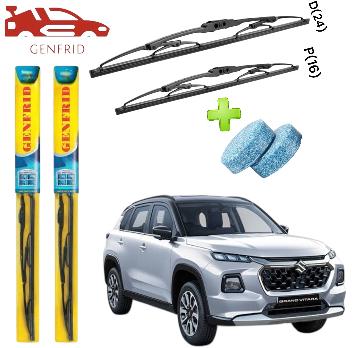 Genfrid Metal Frame Car Wiper For Maruti Grand Vitara (Right-24, Left–16) (Pack Of 2)(Free Washer Tablet)