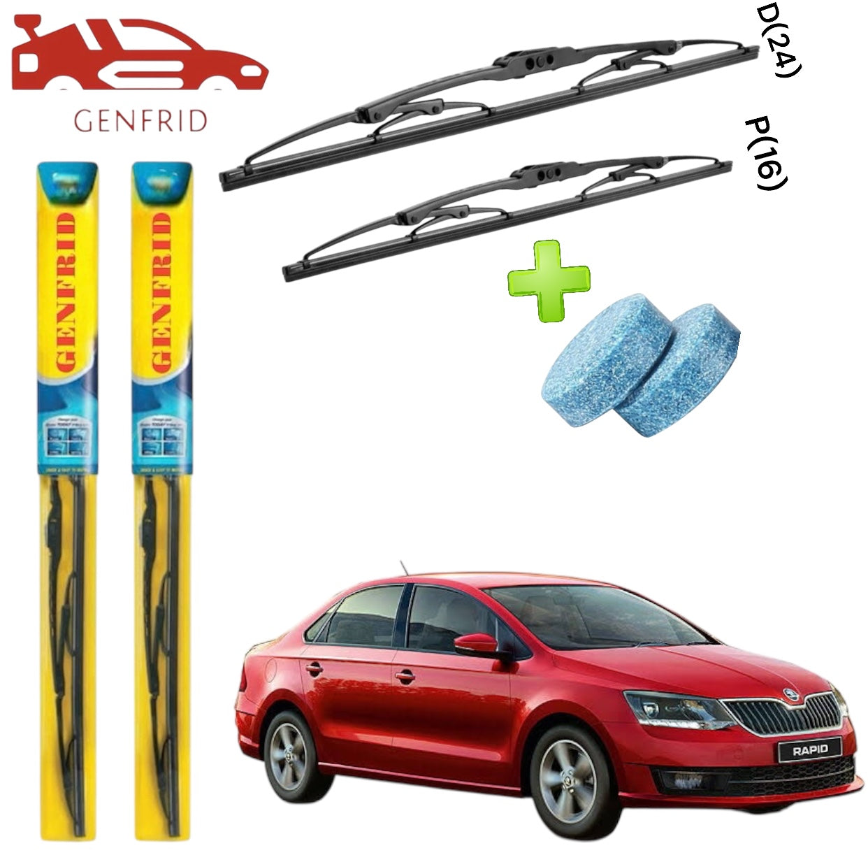 Genfrid Metal Frame Car Wiper For Skoda Rapid (Right-24, Left–16) (Pack Of 2)(Free Washer Tablet)