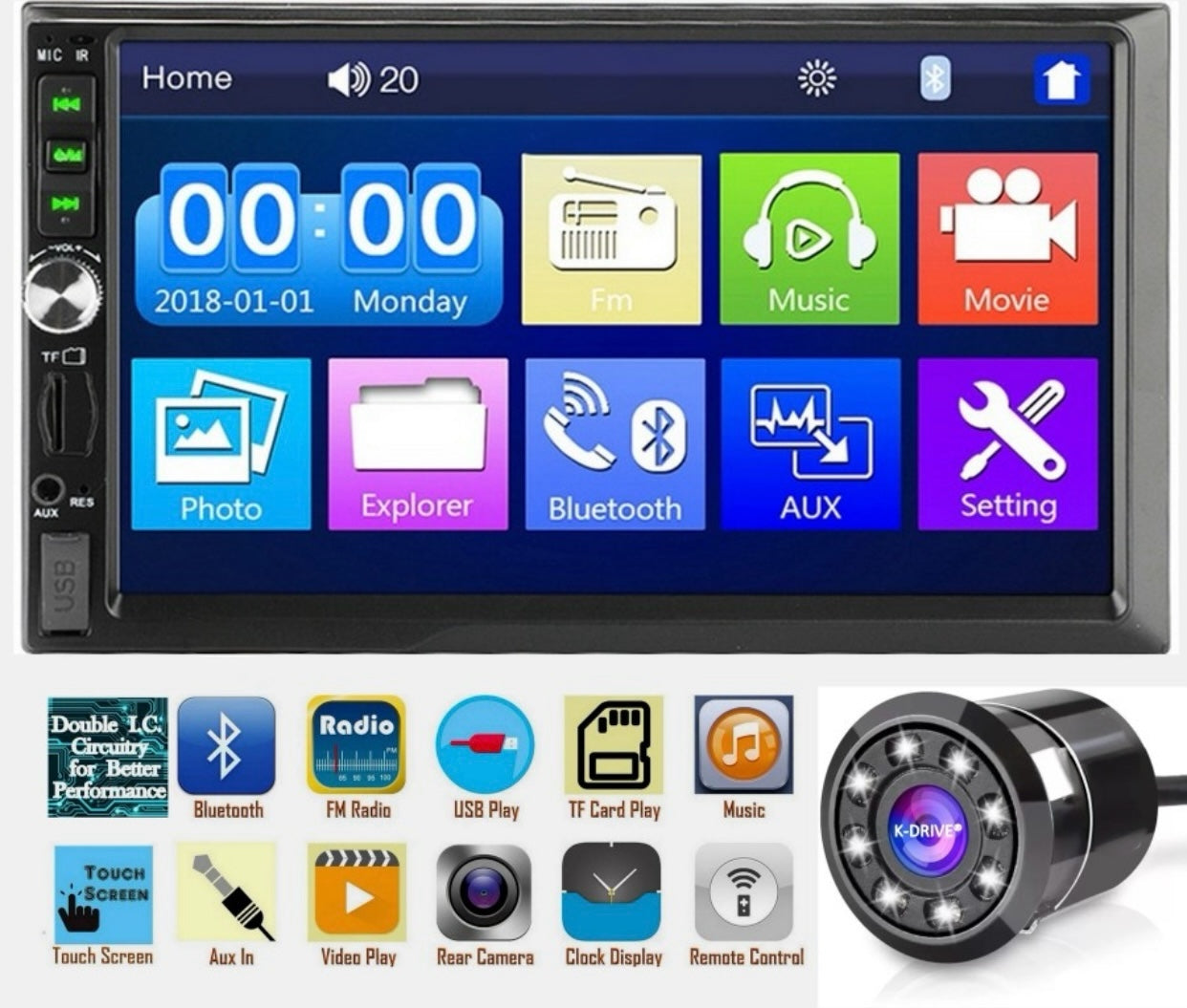 GENFRID " Full HD Touch Stereo + HD Reverse Camera Bluetooth/Remote /FM/USB/AUX/SD Car Stereo (Double Din)