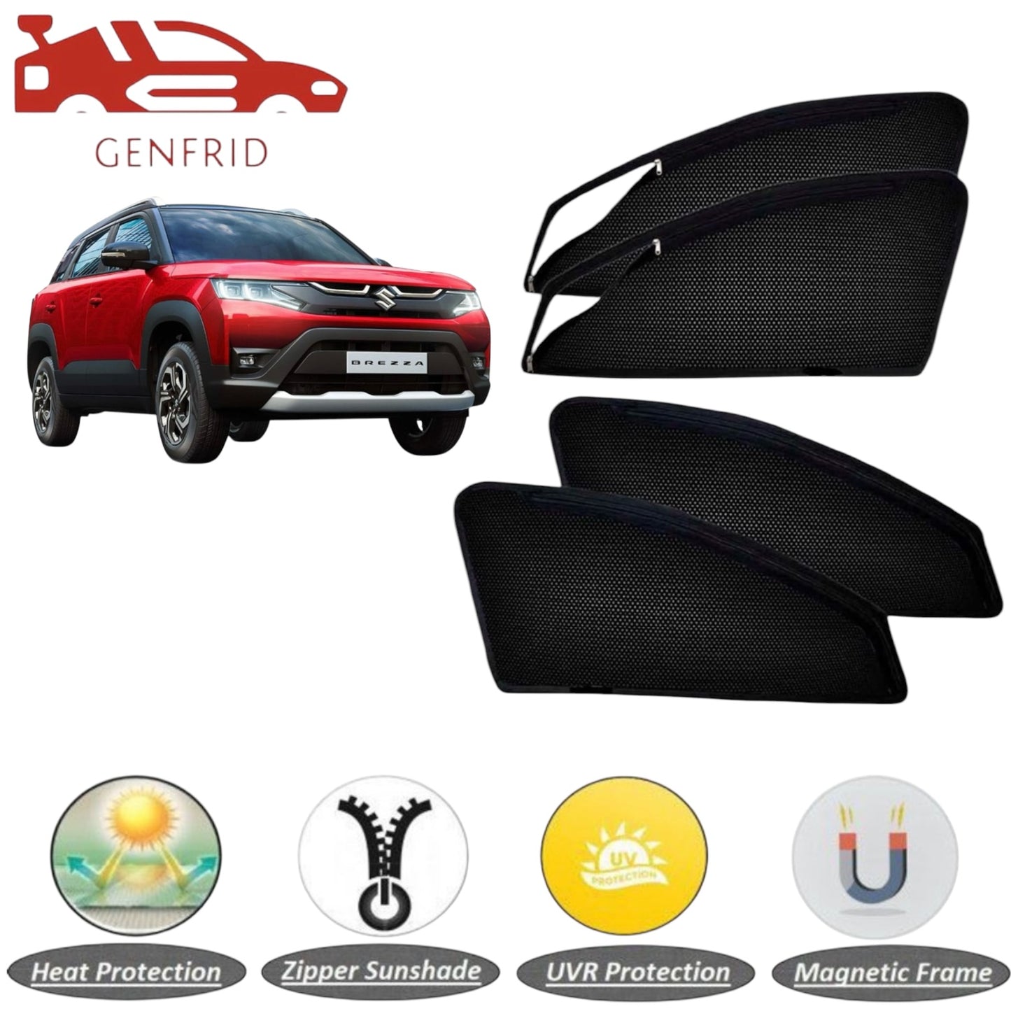 Genfrid Car Sunshade/Car Side Window Shades For Maruti Brezza 2022-25 (Zipper)