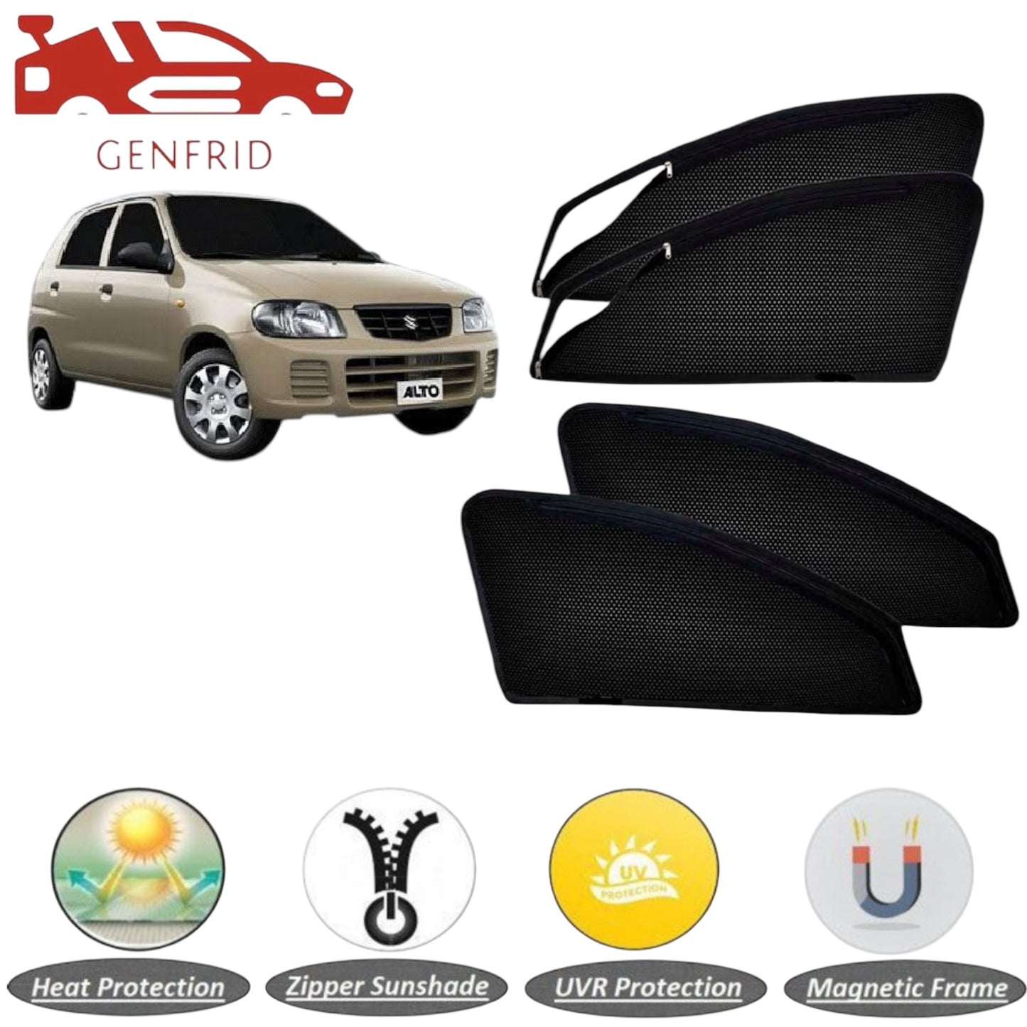 Genfrid Car Sunshade/Car Side Window Shades For Maruti Alto (Zipper)