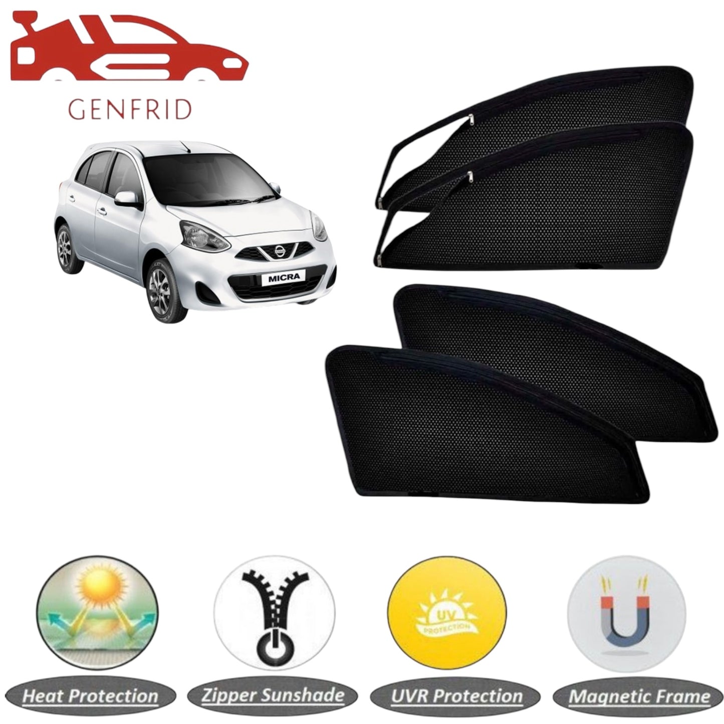 Genfrid Car Sunshade/Car Side Window Shades For Nissan Micra (Zipper)