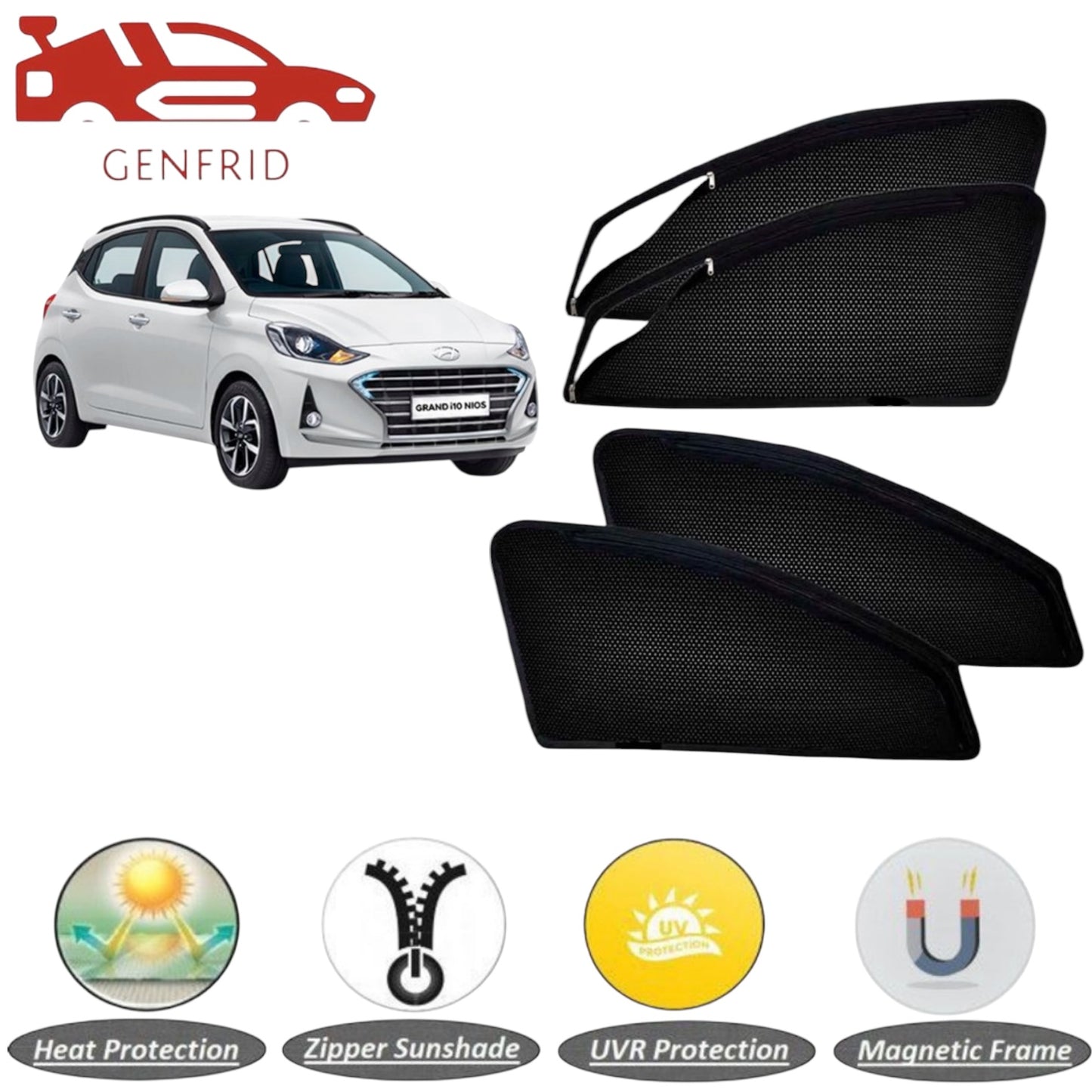Genfrid Car Sunshade/Car Side Window Shades For Hyundai I10Nios (Zipper)