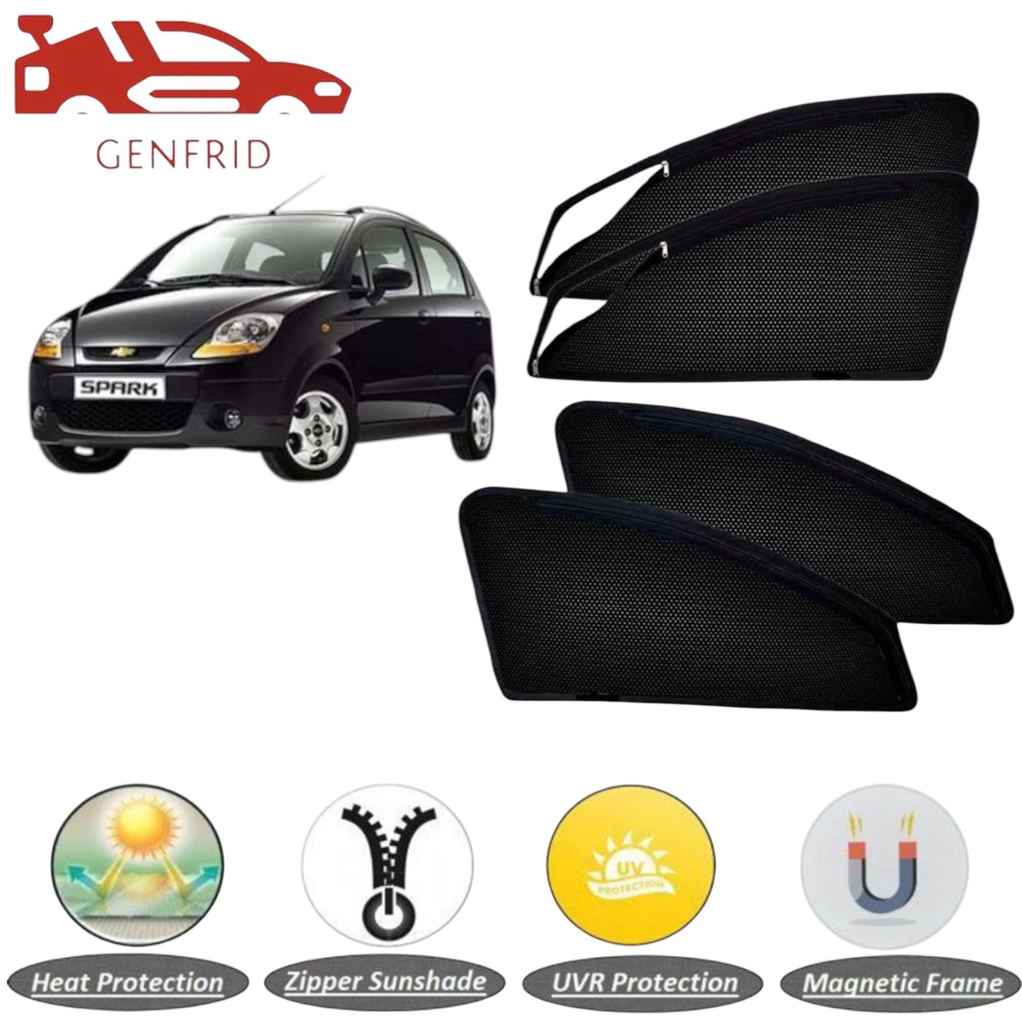 Genfrid Car Sunshade/Car Side Window Shades For Chevrolet Spark (Zipper)
