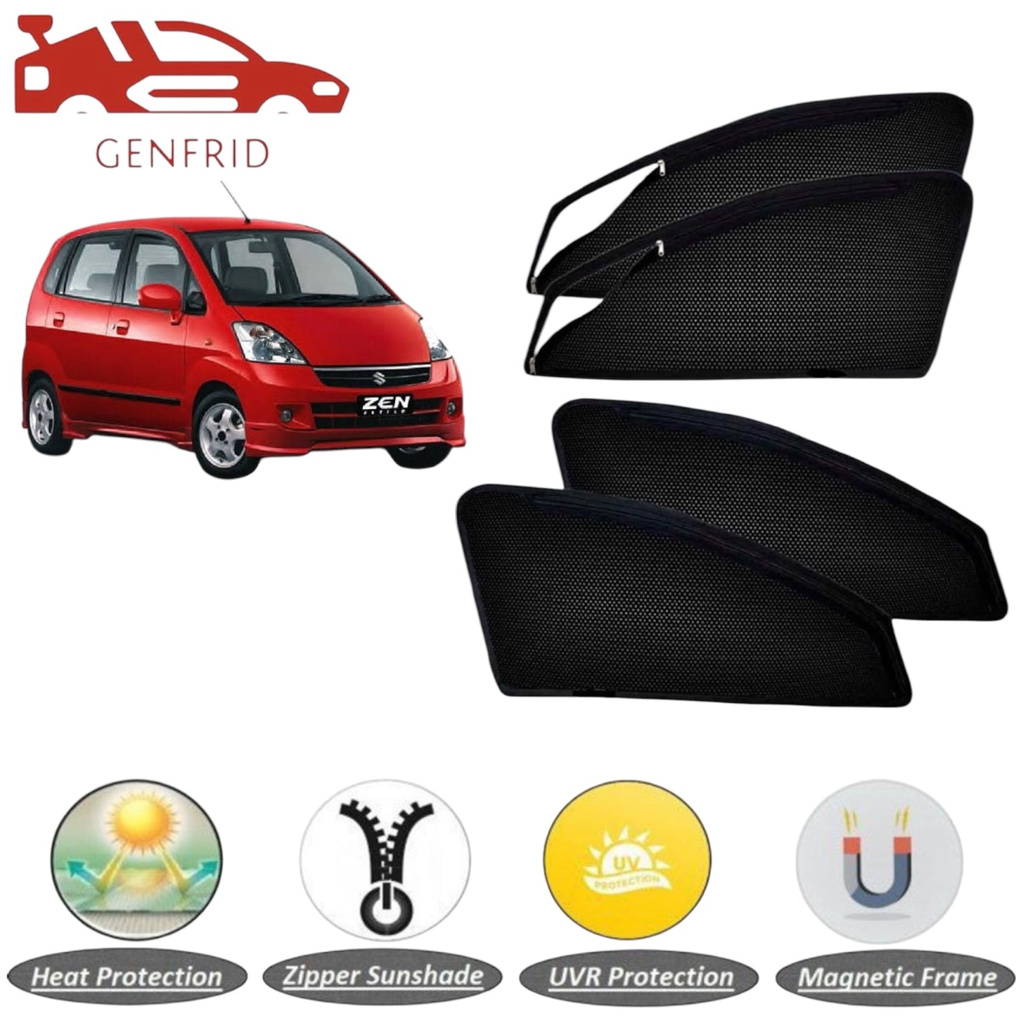 Genfrid Car Sunshade/Car Side Window Shades For Maruti Zen Estilo (Zipper)