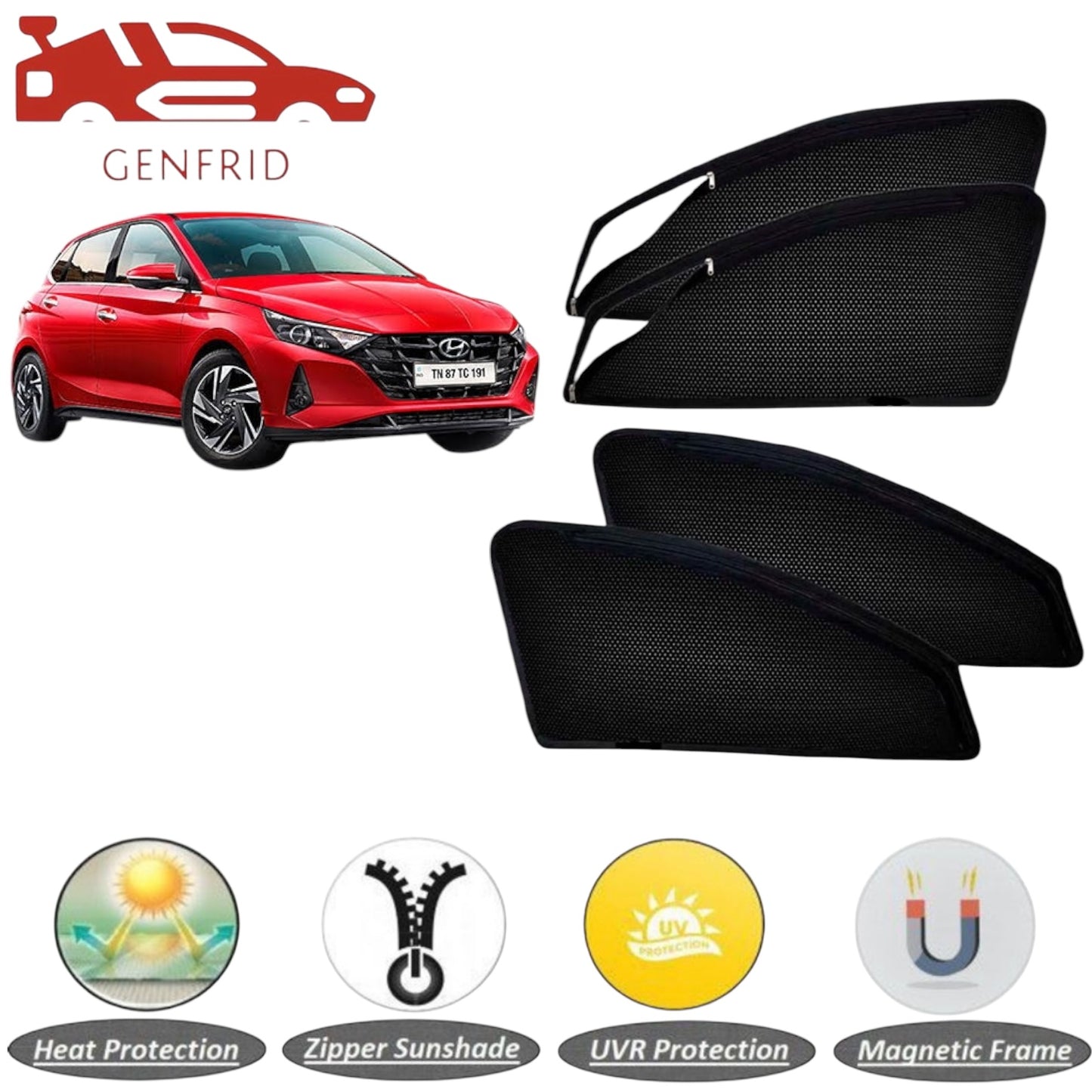Genfrid Car Sunshade/Car Side Window Shades For Hyundai I20 2020 (Zipper)