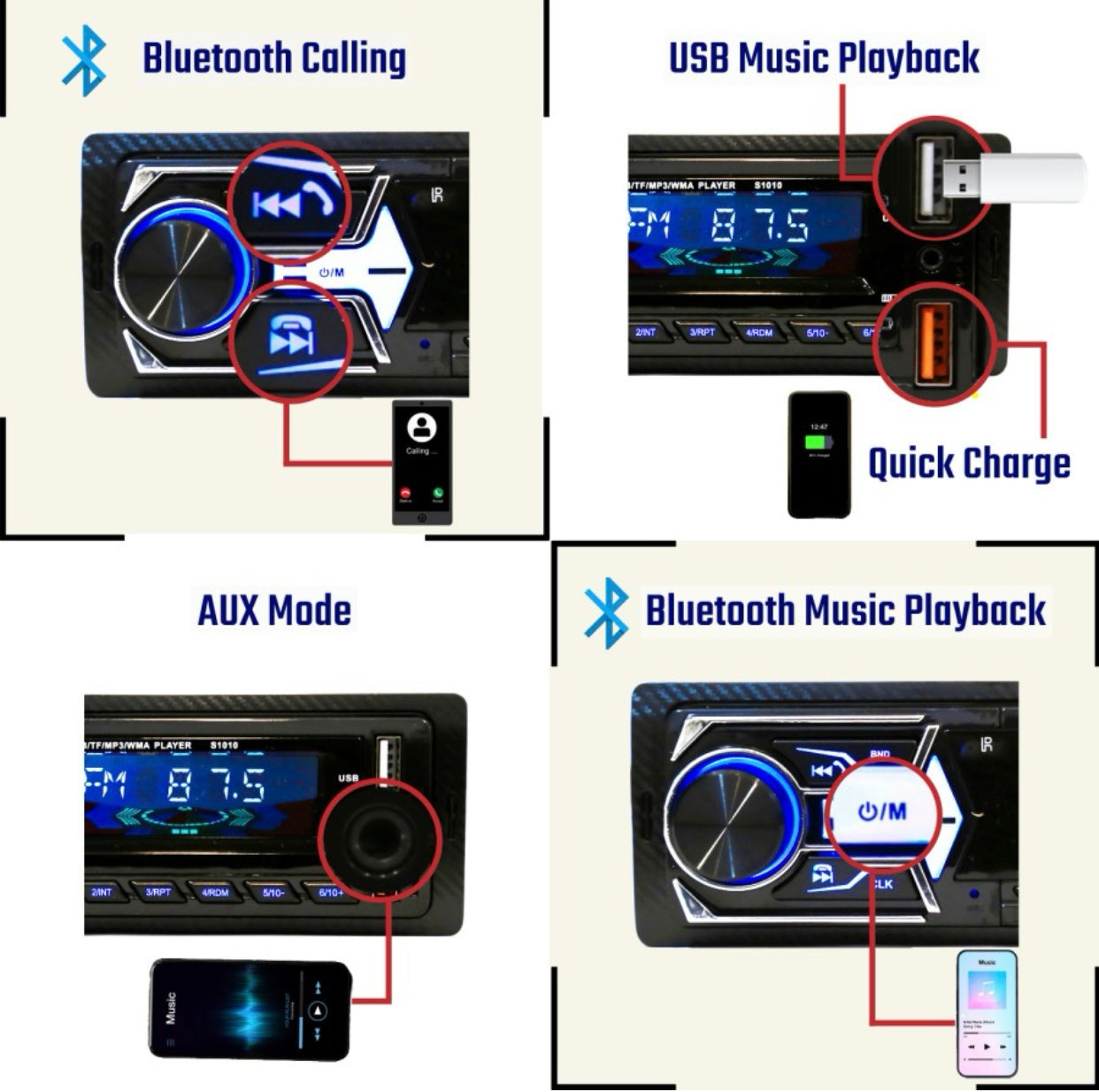 GENFRID Charge Pro + DUAL USB Bluetooth Wireless With Phone Caller Id Receiver Car Stereo (Single Din)