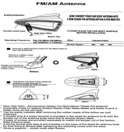 GENFRID Car Shark Fin Style Roof Mount FM/AM Radio Antenna Aerial with Wiring Waterproof Signal