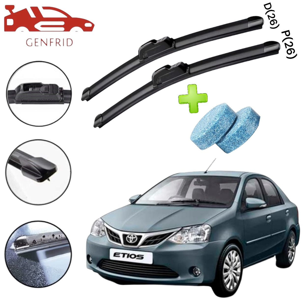 Genfrid Flat Rubber Frameless Car Wiper For Toyota Etios (Right-26, Left–26)(Pack Of 2)(Free Washer Tablet)