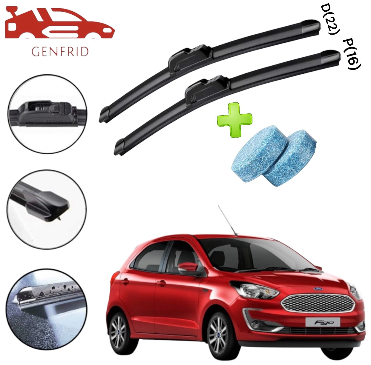 Genfrid Flat Rubber Frameless Car Wiper For Ford Figo Aspire (Right-22, Left–16)(Pack Of 2)(Free Washer Tablet)