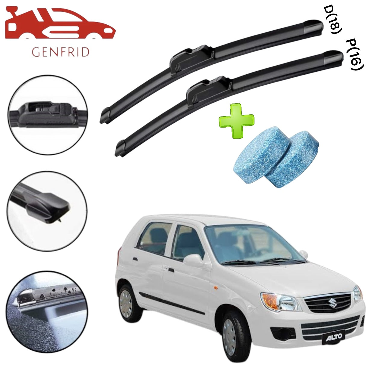 Genfrid Flat Rubber Frameless Car Wiper For Maruti Alto (Right-18, Left–16)(Pack Of 2)(Free Washer Tablet)