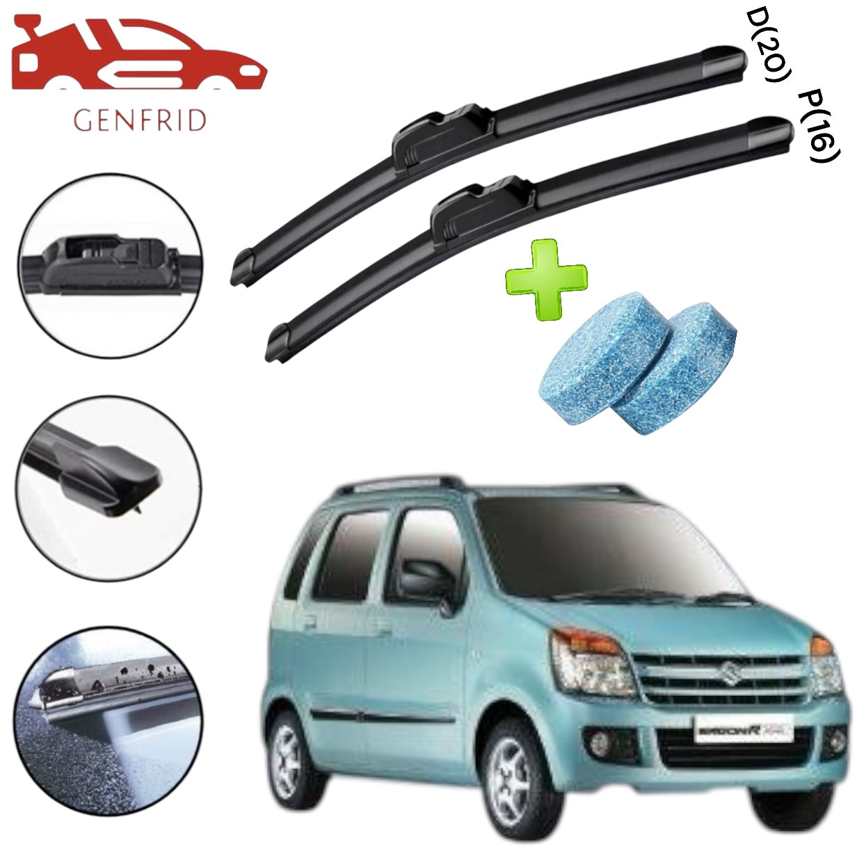 Genfrid Flat Rubber Frameless Car Wiper For Maruti Wagonr 2006-09 (Right-20, Left–16)(Pack Of 2)(Free Washer Tablet)