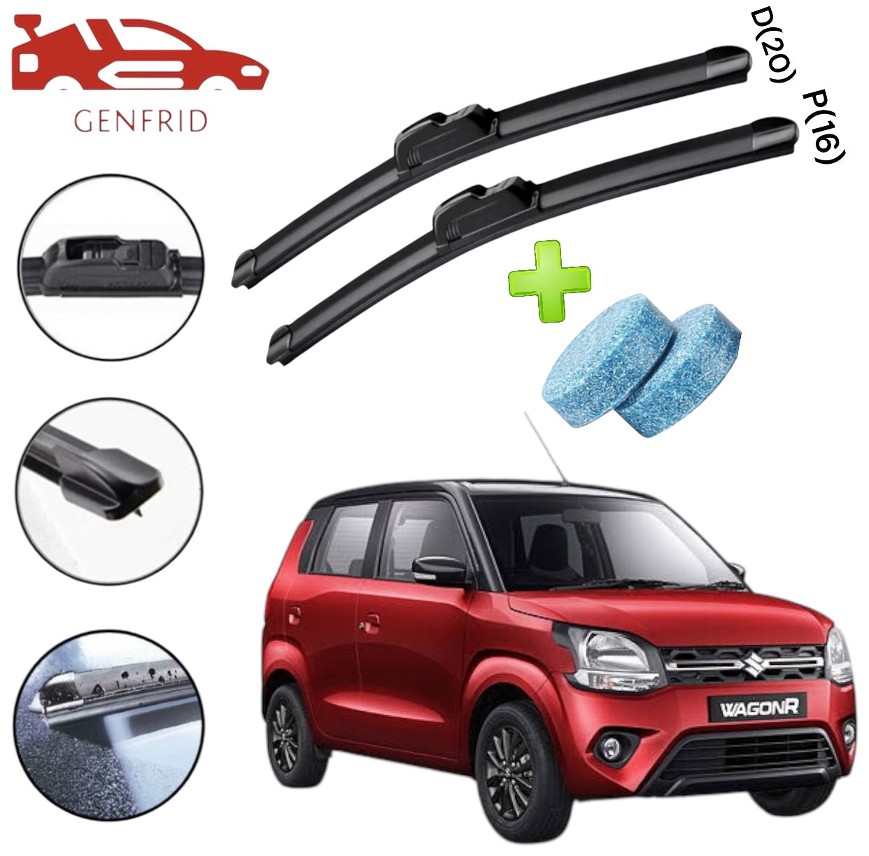 Genfrid Flat Rubber Frameless Car Wiper For Maruti Wagonr 2019-24 (Right-20, Left–16)(Pack Of 2)(Free Washer Tablet)