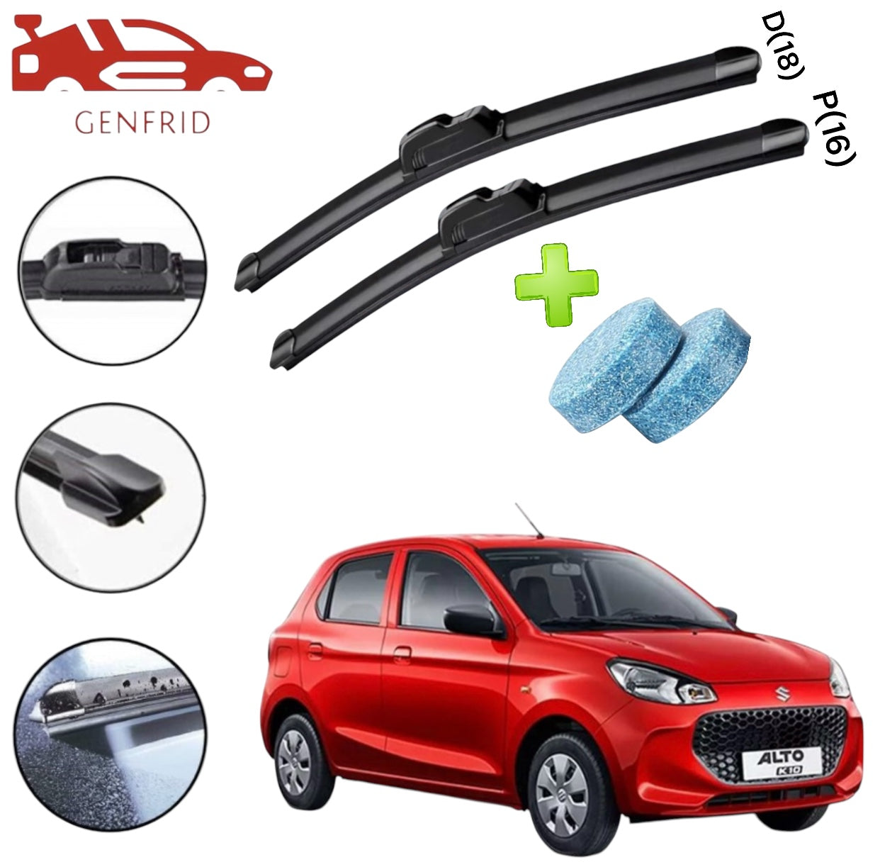 Genfrid Flat Rubber Frameless Car Wiper For Maruti Alto K10 2022 (Right-18, Left–16)(Pack Of 2)(Free Washer Tablet)