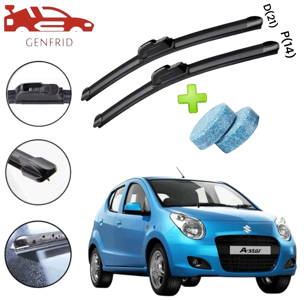 Genfrid Flat Rubber Frameless Car Wiper For Maruti Astar (Right-21, Left–14)(Pack Of 2)(Free Washer Tablet)
