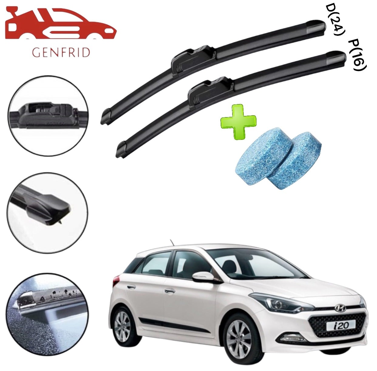 Genfrid Flat Rubber Frameless Car Wiper For Hyundai I20 Elite (Right-24, Left–16)(Pack Of 2)(Free Washer Tablet)