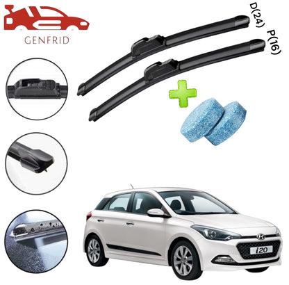 Genfrid Flat Rubber Frameless Car Wiper For Hyundai I20 Elite (Right-24, Left–16)(Pack Of 2)(Free Washer Tablet)