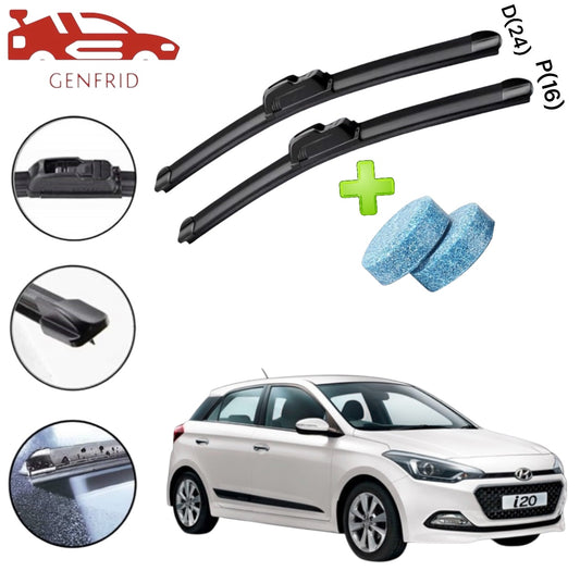 Genfrid Flat Rubber Frameless Car Wiper For Hyundai I20 Elite (Right-24, Left–16)(Pack Of 2)(Free Washer Tablet)