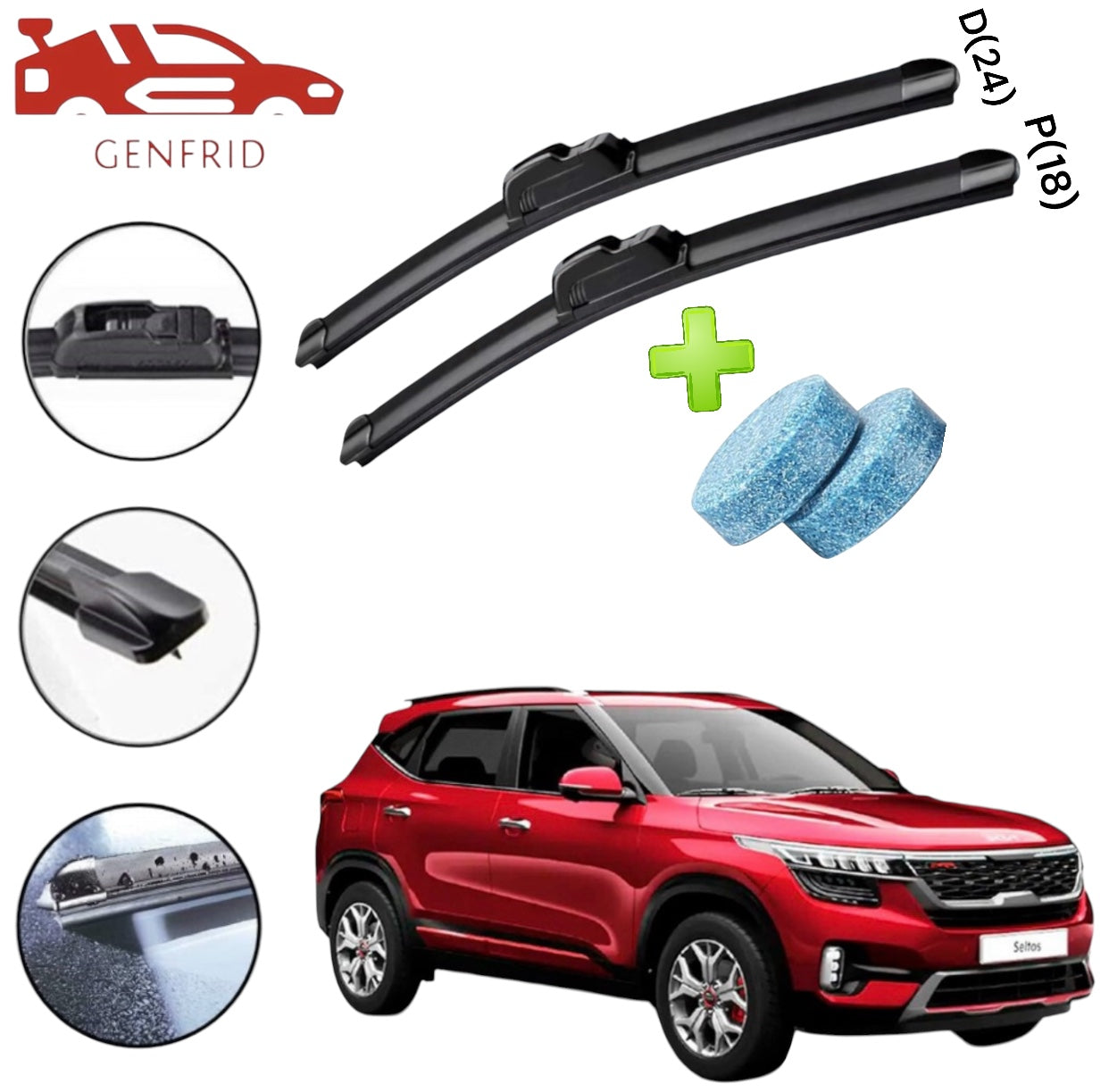 Genfrid Flat Rubber Frameless Car Wiper For Kia Seltos (Right-24, Left–18)(Pack Of 2)(Free Washer Tablet)