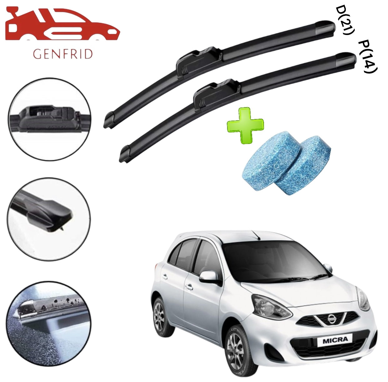 Genfrid Flat Rubber Frameless Car Wiper For Nissan Micra (Right-21, Left–14)(Pack Of 2)(Free Washer Tablet)