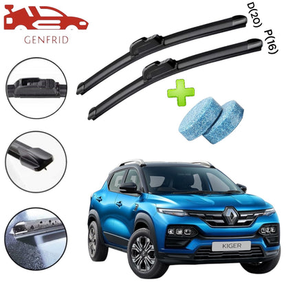 Genfrid Flat Rubber Frameless Car Wiper For Renault Kiger (Right-20, Left–16)(Pack Of 2)(Free Washer Tablet)