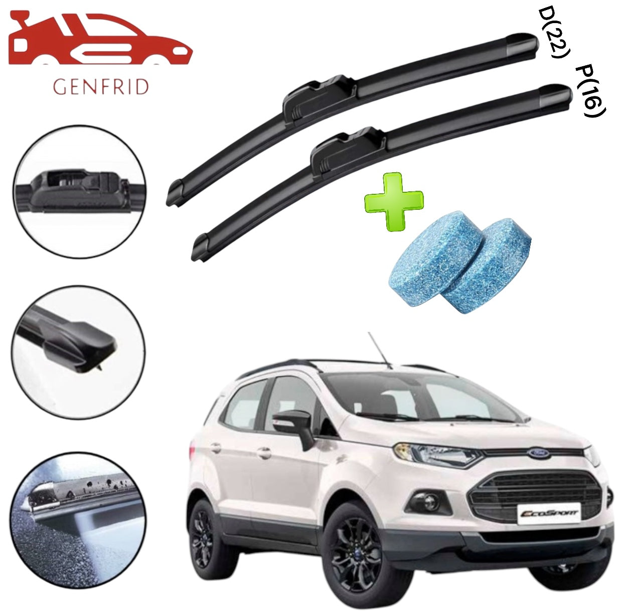 Genfrid Flat Rubber Frameless Car Wiper For Ford Ecosport (Right-22, Left–16)(Pack Of 2)(Free Washer Tablet)