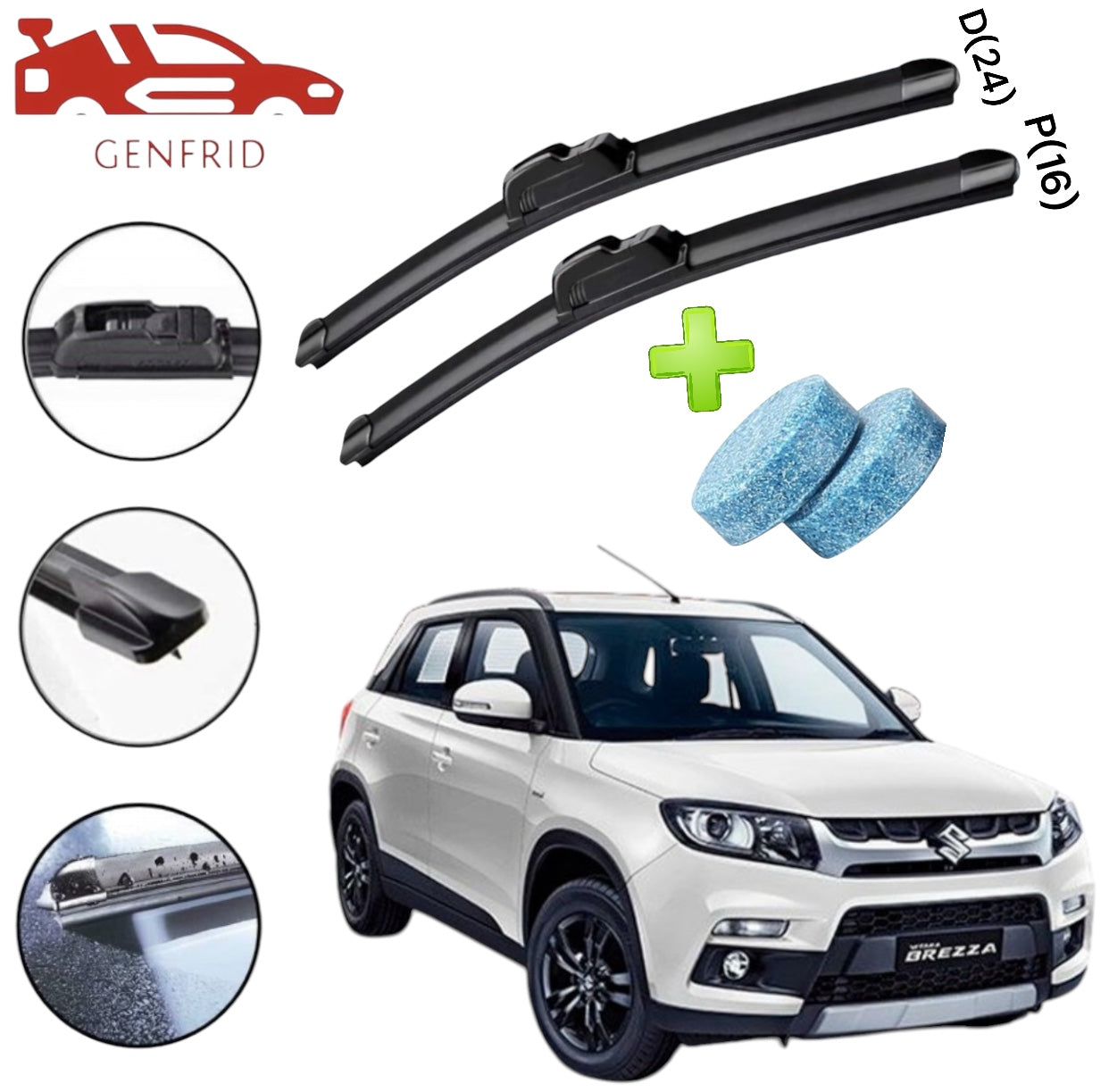 Genfrid Flat Rubber Frameless Car Wiper For Maruti Brezza (Right-24, Left–16)(Pack Of 2)(Free Washer Tablet)