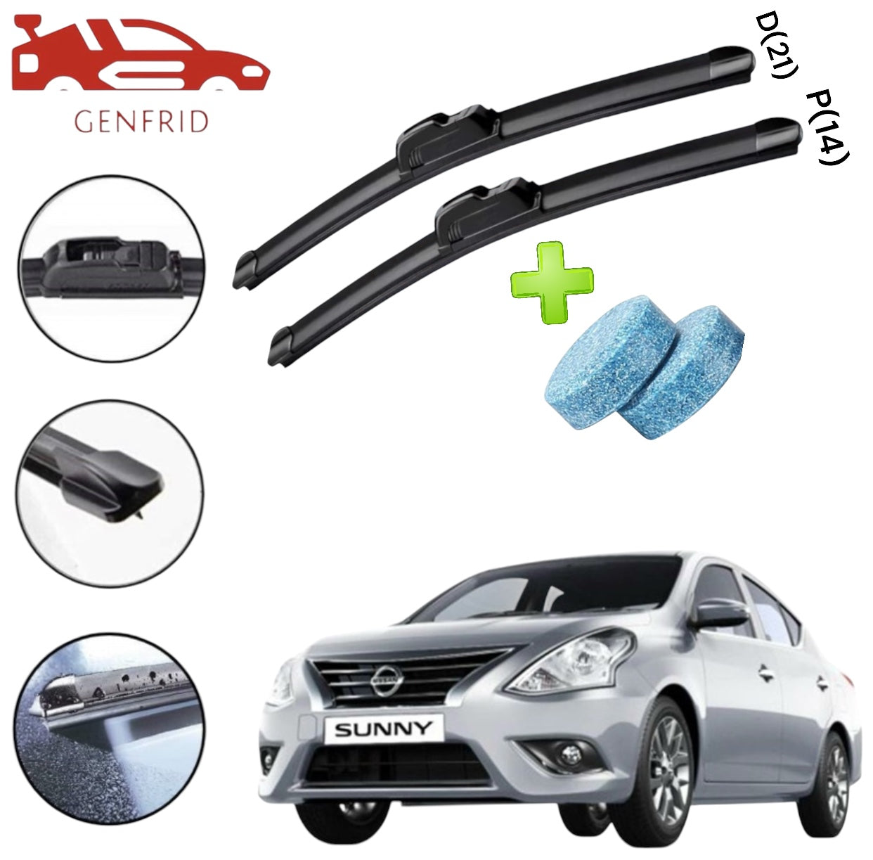 Genfrid Flat Rubber Frameless Car Wiper For Nissan Sunny (Right-21, Left–14)(Pack Of 2)(Free Washer Tablet)