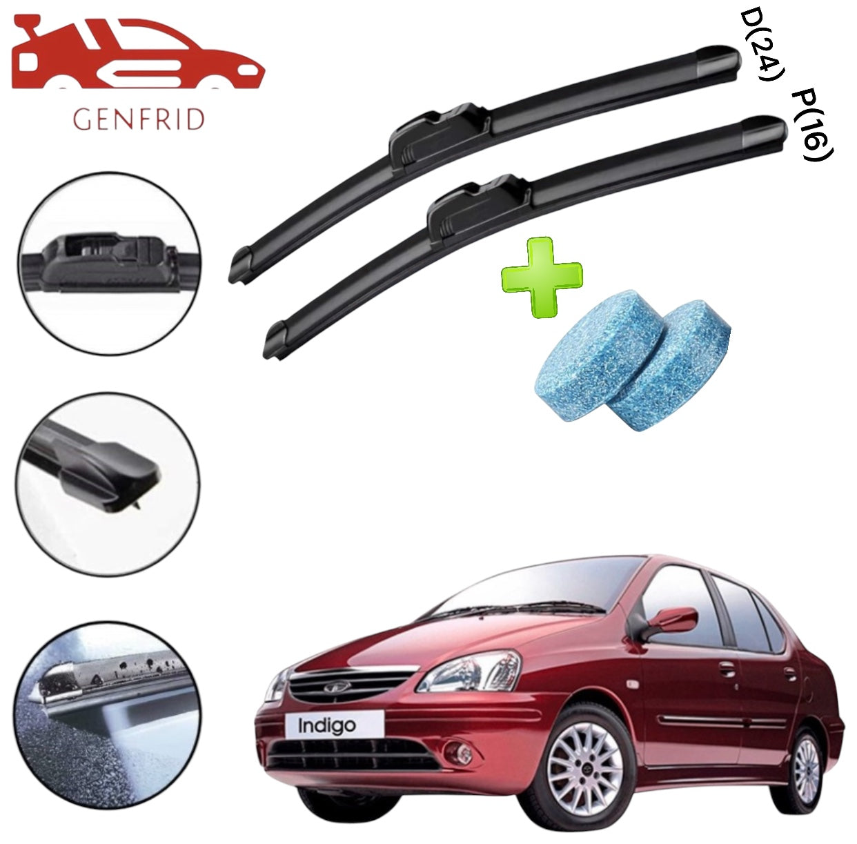 Genfrid Flat Rubber Frameless Car Wiper For Tata Indigo (Right-24, Left–16)(Pack Of 2)(Free Washer Tablet)