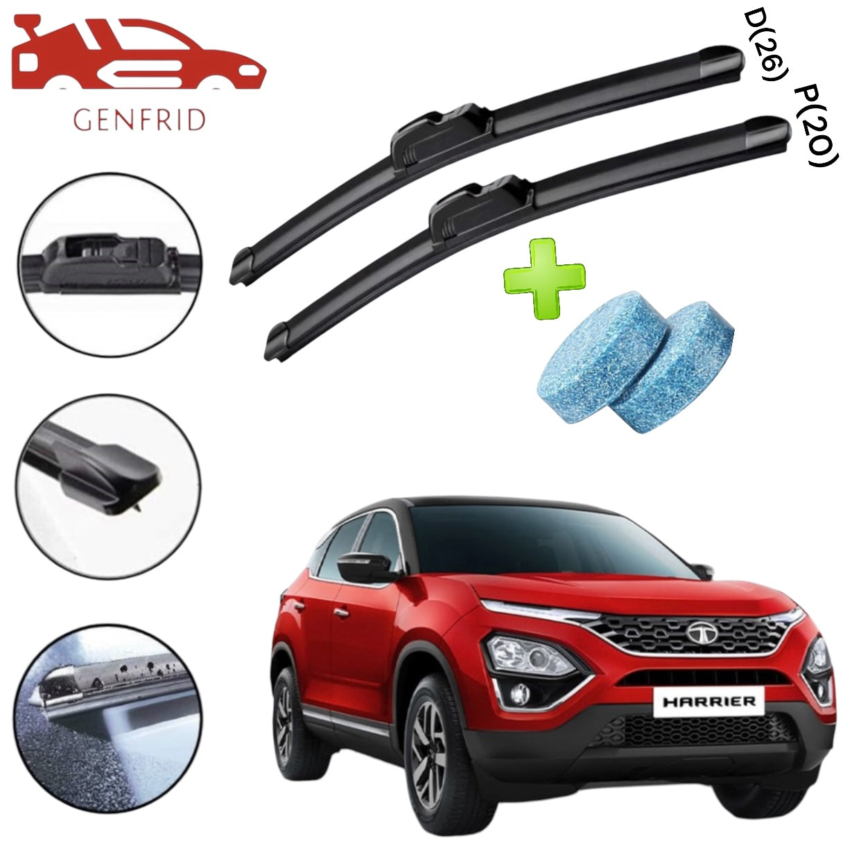 Genfrid Flat Rubber Frameless Car Wiper For Tata Harrier (Right-26, Left–20)(Pack Of 2)(Free Washer Tablet)